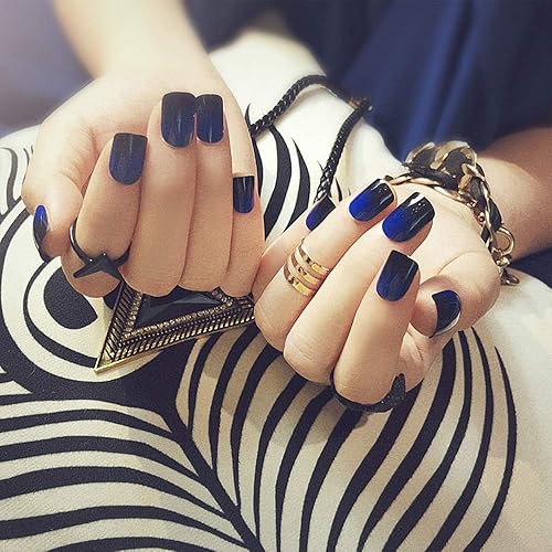 Miniatura 6 de SIUSIO Juego de 24 uñas postizas negras de cobertura completa corta degradada, capa superior azul, uñas postizas cubiertas de gel para mujeres y