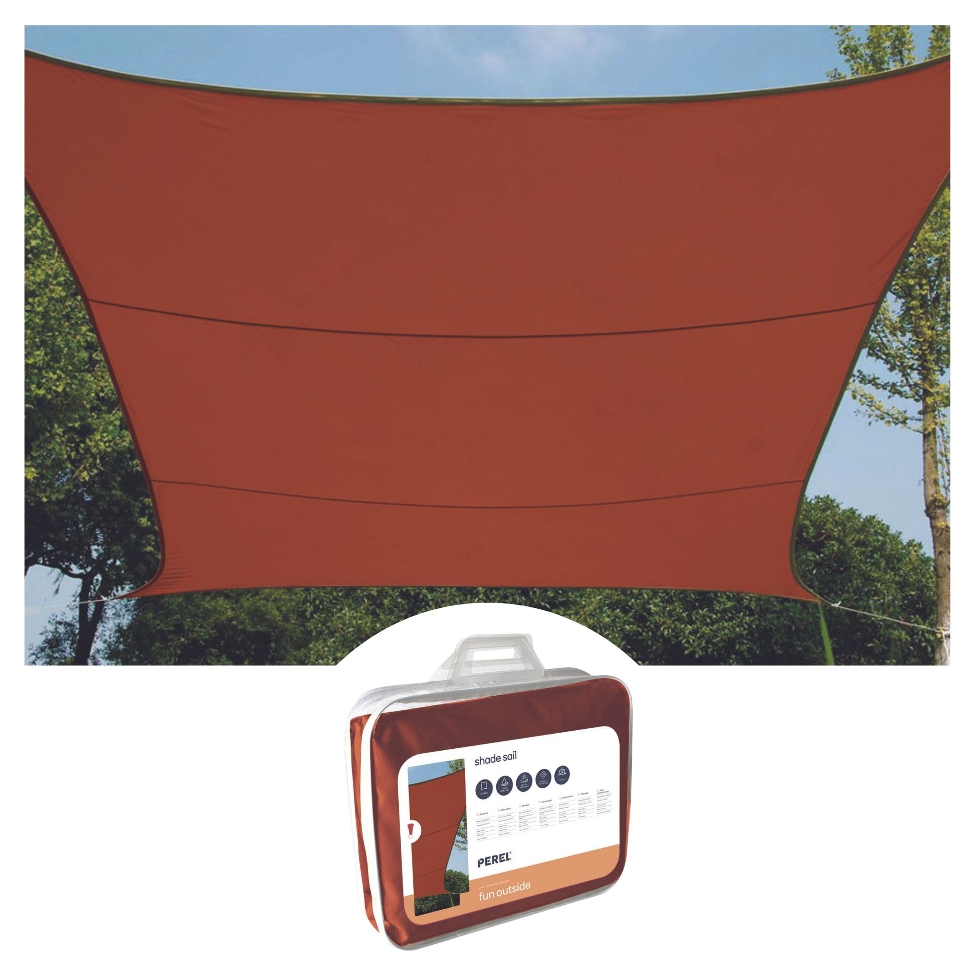Perel Toldo Vela Rectangular 4 × 3 m para jardín y terraza, poliéster Transpirable e Impermeable 160 g/m², protección UV 90%, Anillas de Acero Inoxidable, Terracota