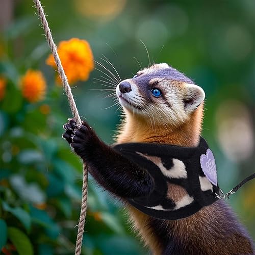 Small Animal Harness and Leash Set, Leopard Print Ferret Leash and Harness Soft Ferret Clothes Stuff Kit Outdoor Walking Accessories for Tiny Pet Rabbit Bunny Guinea Pig Hamster Puppy Kitten