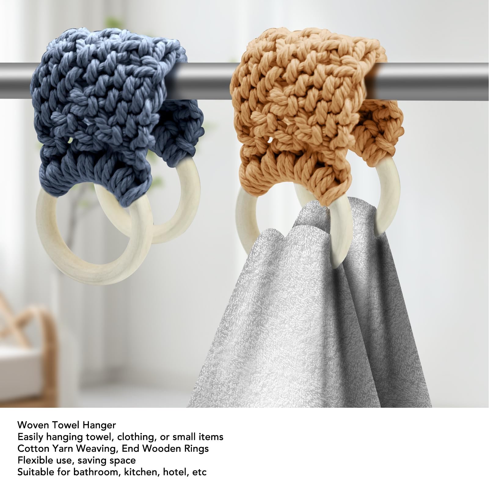 Dish Towel Holder,Hand Woven Hanging Dish Towel Hanger Loop,Hanging Kitchen Dish Towel Holder,Wooden Rings Cotton Rope,Cotton Crochet Towel Rings