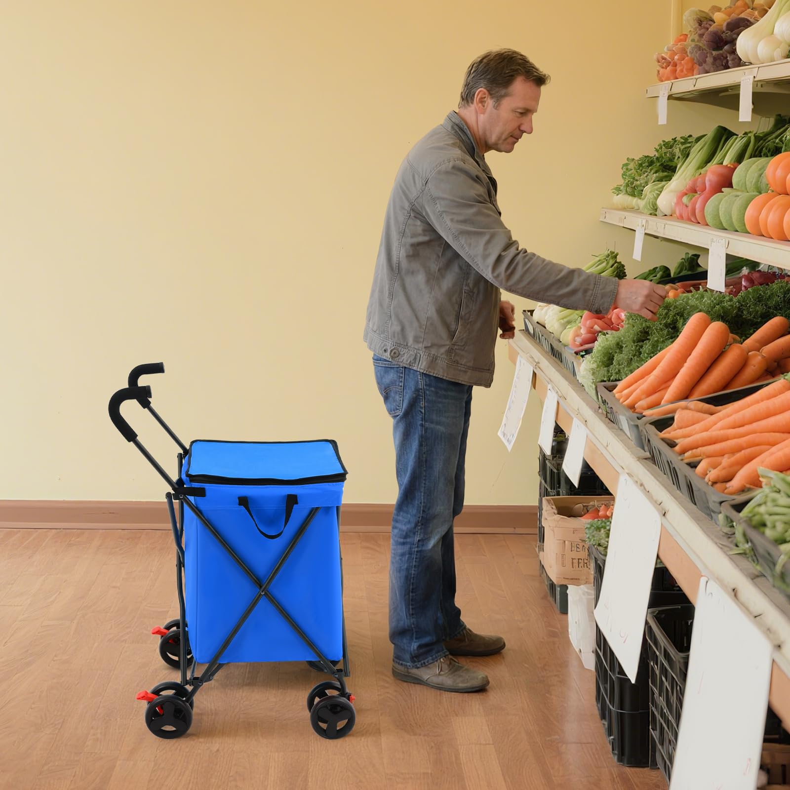 Składany wózek na zakupy, 38 l/70 kg, składany wózek ręczny z tkaniny Oxford, wózek transportowy na zakupy, kemping, do ogrodu, dla zwierząt domowych, wielofunkcyjny wózek na zakupy (niebieski)