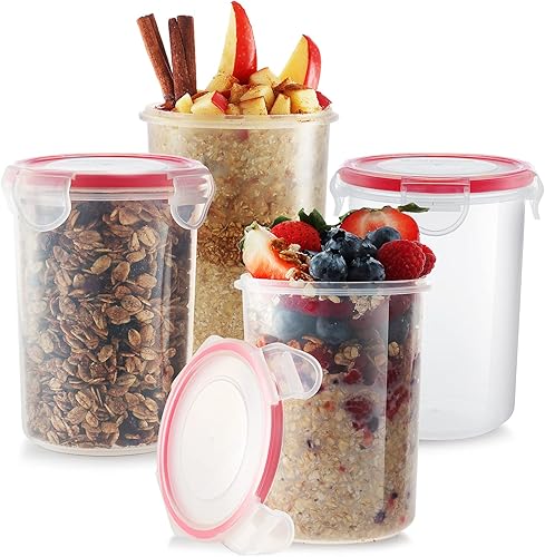 Recipiente de avena con tapas (juego de 4) de 16 onzas | Recipiente de avena para llevar | Tarros de avena con tapa | Recipiente de cereales y leche