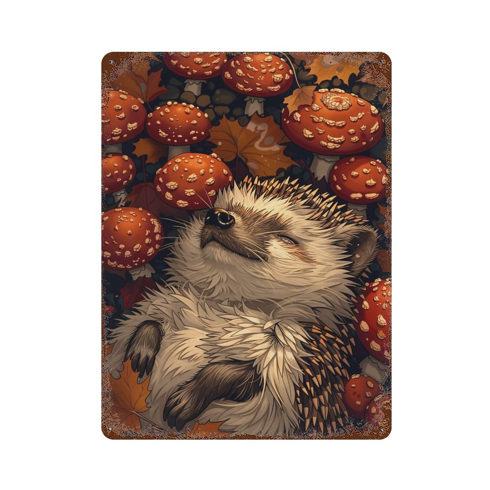 Hedgehog in Autumn Vintage Rust Metal Sign 15.7"x11.8", Shabby Chic Decor for Garage, Pub Or Kitchen
