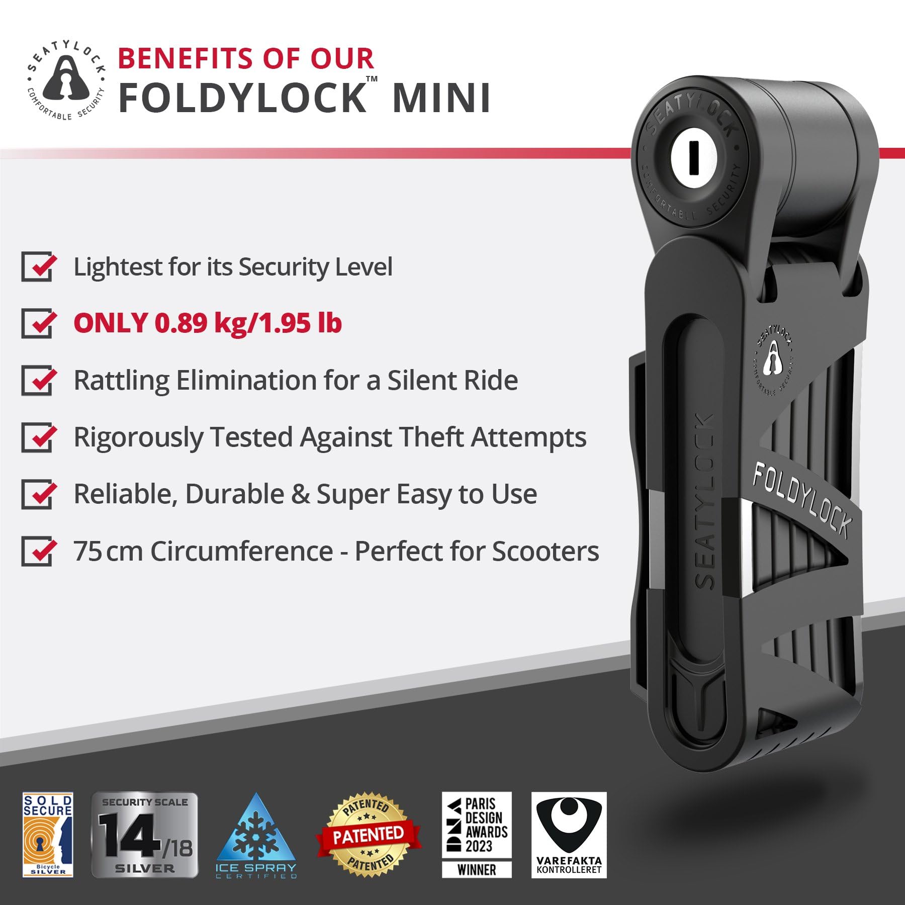 Seatylock FoldyLock Mini Folding Bike Lock - Patented Lightweight Bicycle Lock - Heavy Duty Anti Theft Guard with — view 2