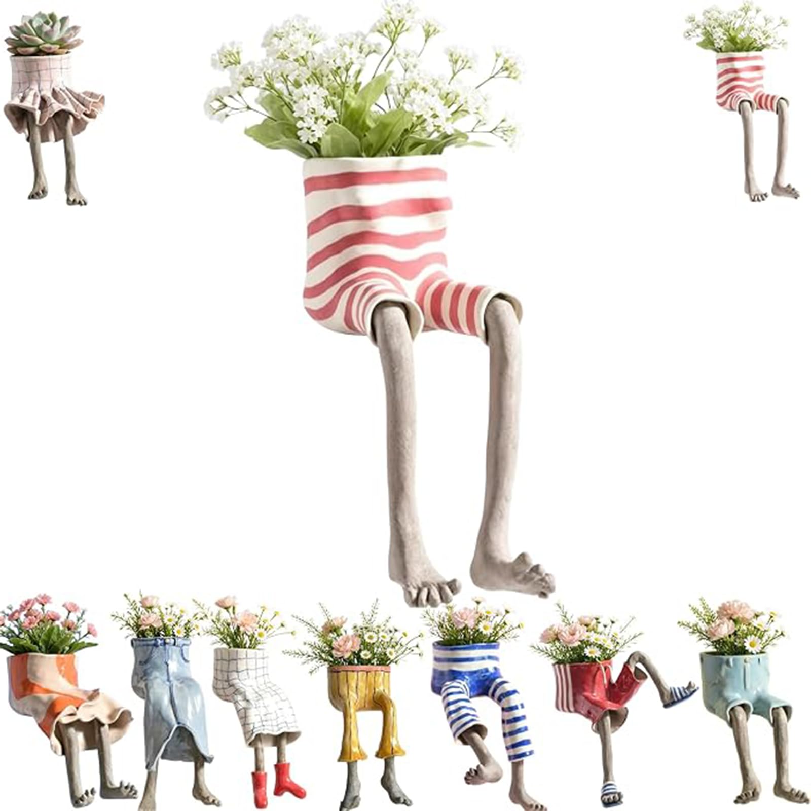 Fenydull Creative Sitting Human Shaped Resin Planter, Cute Dangling Legs Flower Pot with Drainage Hole, Unique Novelty Succulent & Cactus Planters for Indoor Outdoor Shelf Decor，Pink Waves
