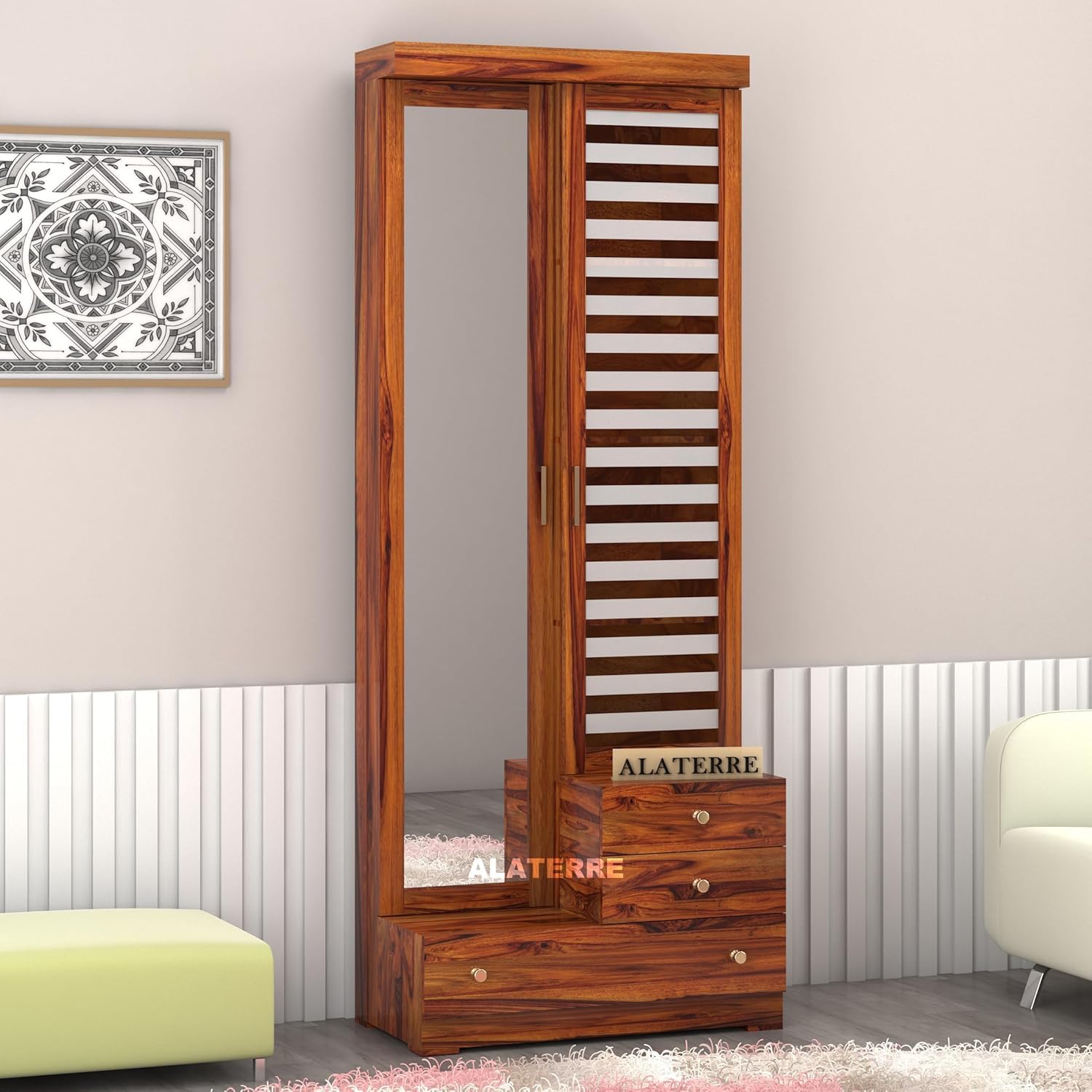 Wood Dressing Table with Mirror Double Door || Wooden DressingTable with Storage 3 Drawer 8 Shelve || Dressing Table with Makeup Vanity || Brown Honey Finish-image-45