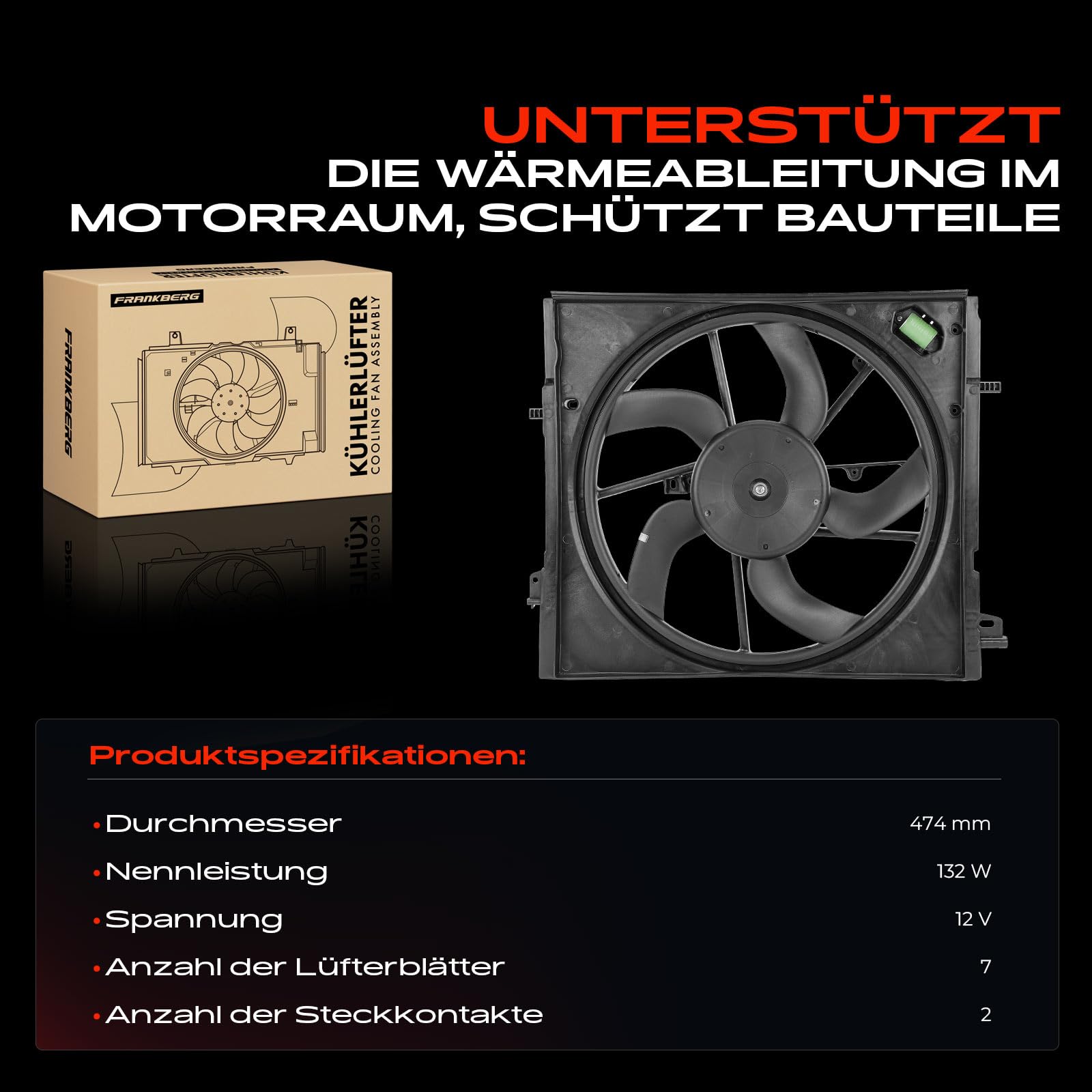 Frankberg Lüfter Motorkühlung Kühlerlüfter Kompatibel mit Qashqai II J11 J11 1.2L-2.0L 2013-2019 X-Trail T32 1.6L-2.5L 2013-2019 Replace# 214814EB0A