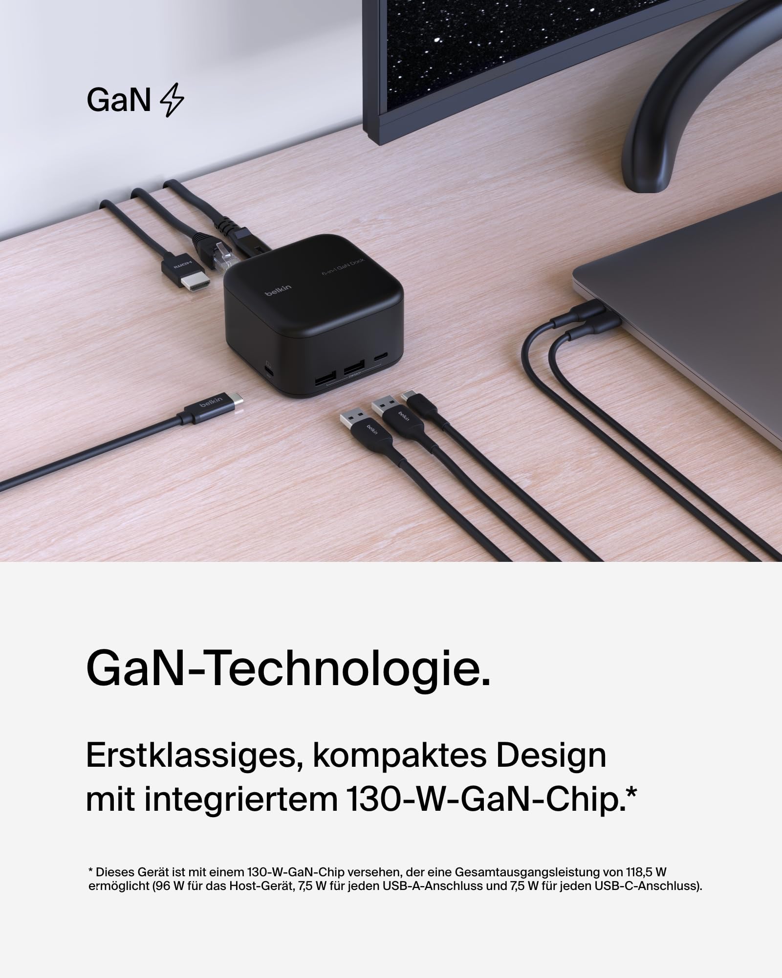 Belkin Connect USB-C-6-in-1-Core-GaN-Docking-Station (130 W), 96 W PD für Peripheriegeräte, USB-C, USB-A, Gigabit-Ethernet, HDMI-4K-Anschlüsse zum Gamen, für MacBook Pro, Windows-Laptops, Chromebook