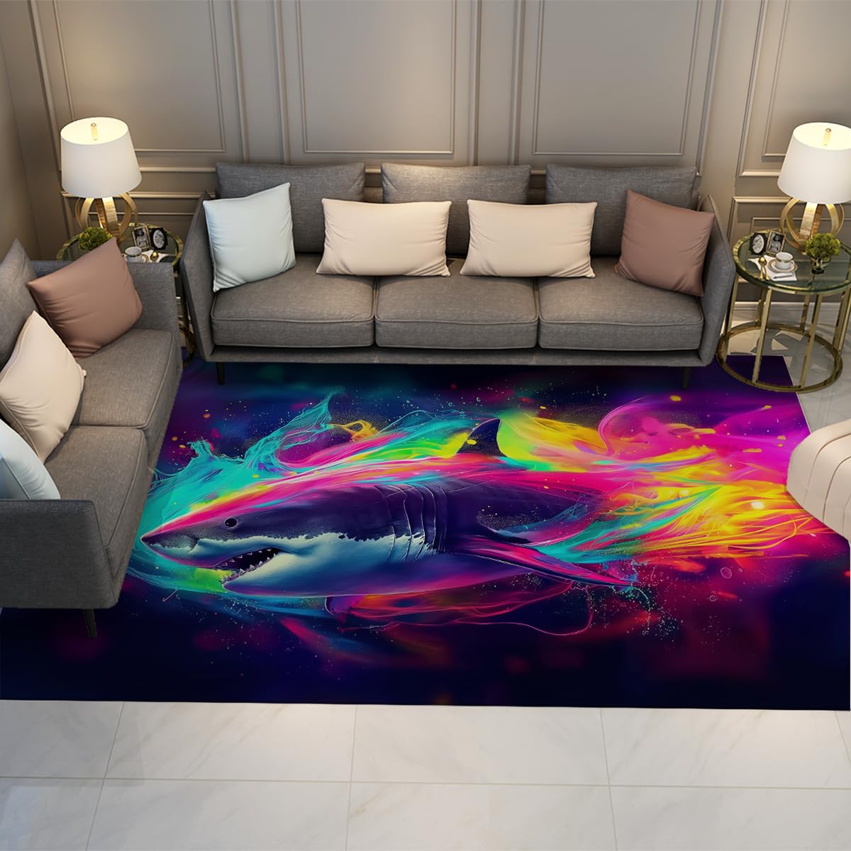 Tapis graffiti shark lavable carpette animaux marins 60x90