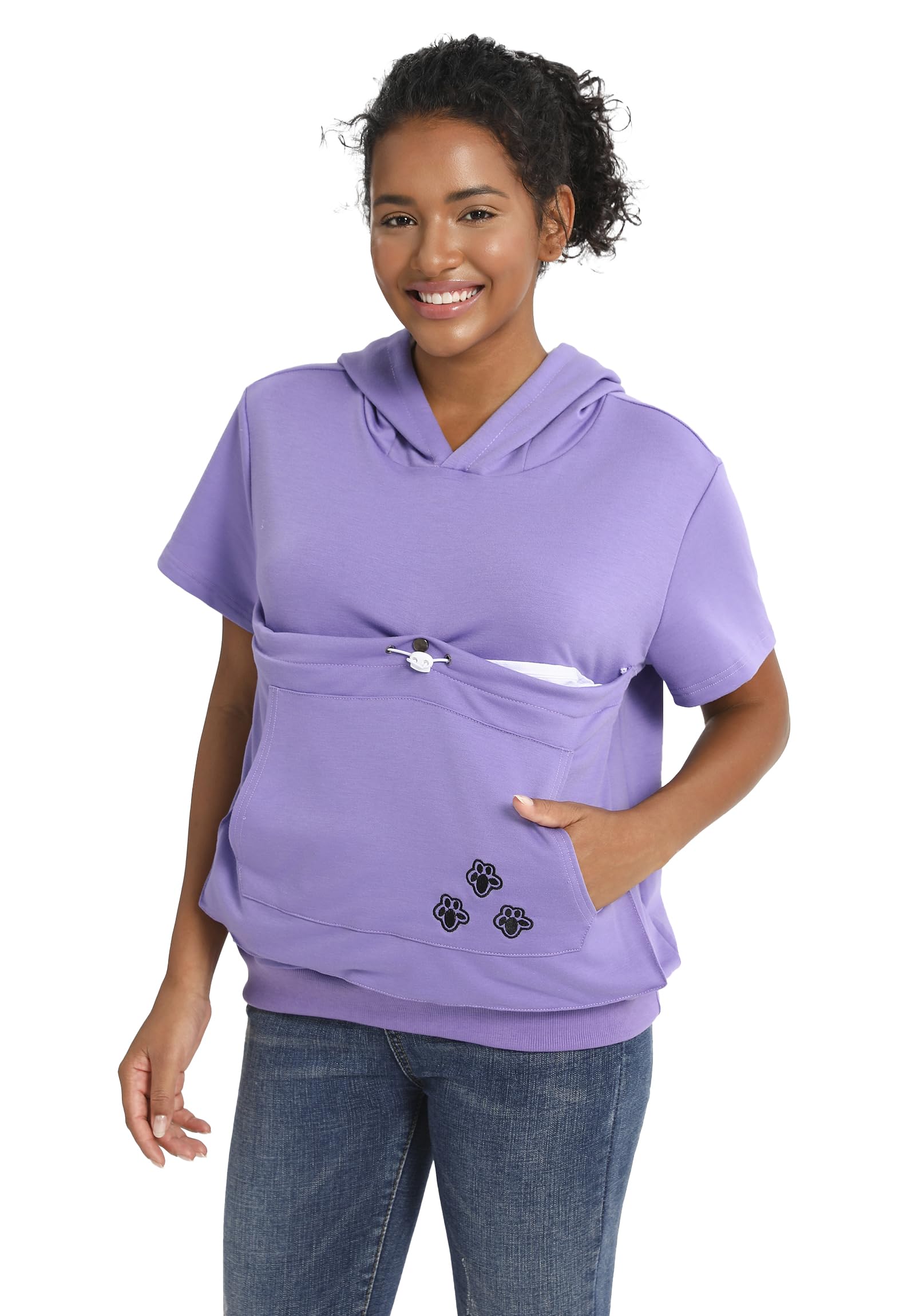 Cat Pouch Shirt Short Sleeve Kitten Puppy Holder Thin Hoodies Pet Carrier Sweatshirt for Women Purple