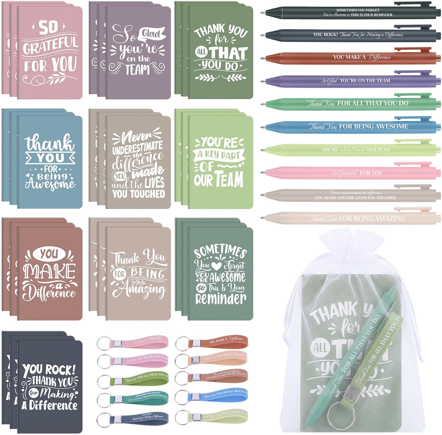 BESARME 30 Sets Employee Appreciation Gifts Bulk Staff Thank You Gifts Bulk Motivational Pens with Mini Notebook, Keychain and Gift Bags Inspirational Gift for Office Coworkers Teacher