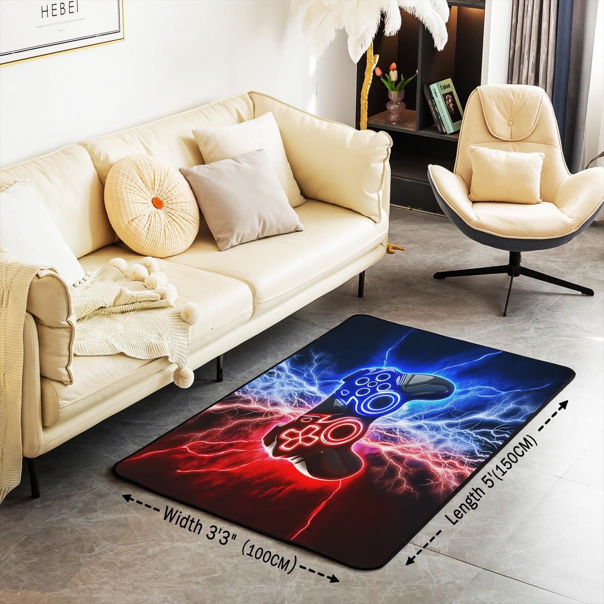 Loussiesd Dywan do salonu dla graczy, 150 x 200 cm, gamingowy dywan akcentujący dla chłopców, dziewcząt, nastolatków, nowoczesny kontroler konsoli do gier, wewnętrzna mata podłogowa, joystick,