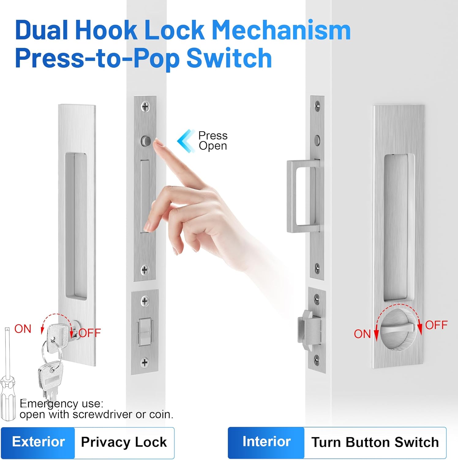 Dontay Pocket Door Handle and Edge Pull, Narrow Modern Rectangular Keyed Entry Function, Recessed Sliding Door Hardware for 1 3/8” to 2 3/16” Thickness Door (Keyed Lock, Brushed Nickel, 1 Pack)