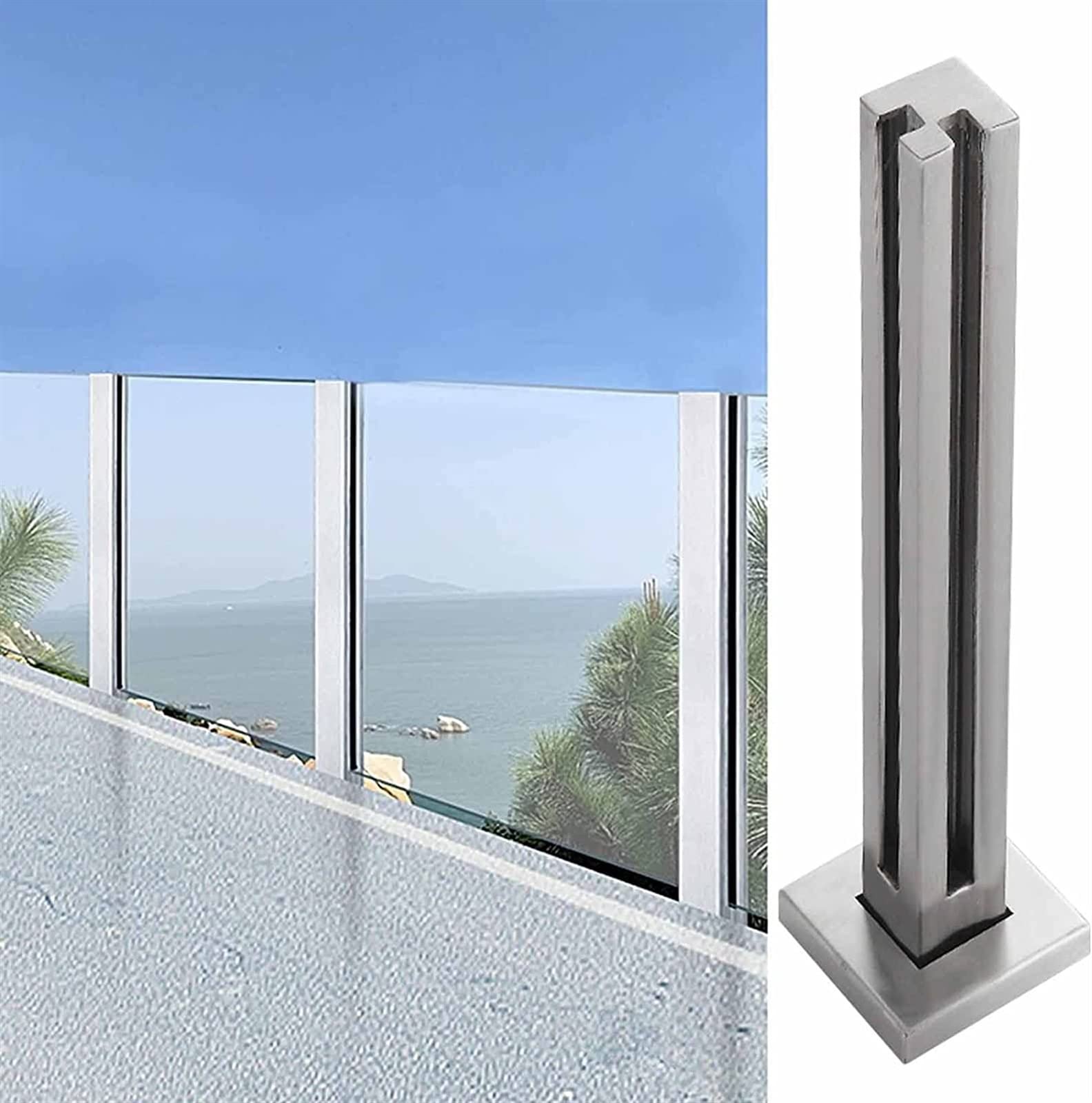 Poteau de garde-corps en verre avec pince pour main courante argent