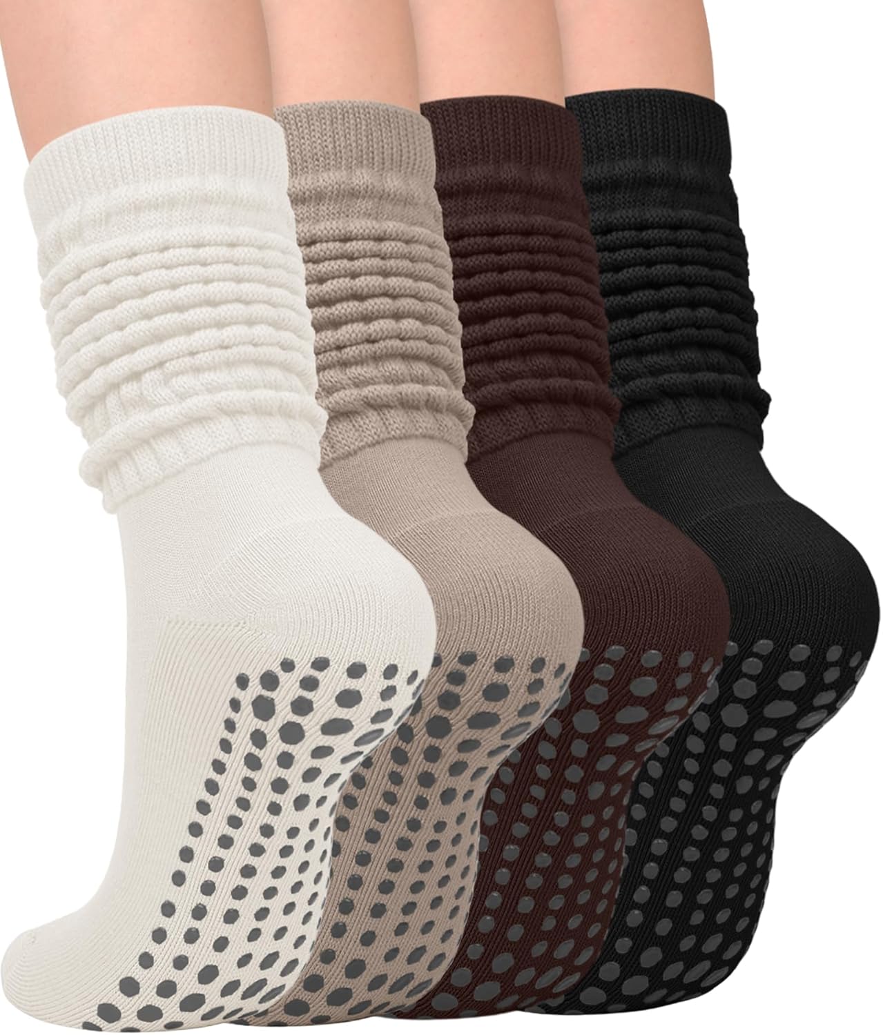 yeuG Pilates Grip Socks for Women Yoga Slouch Socks with Grip for Barre Knee High Boot Socks Long Scrunch Slipper Socks