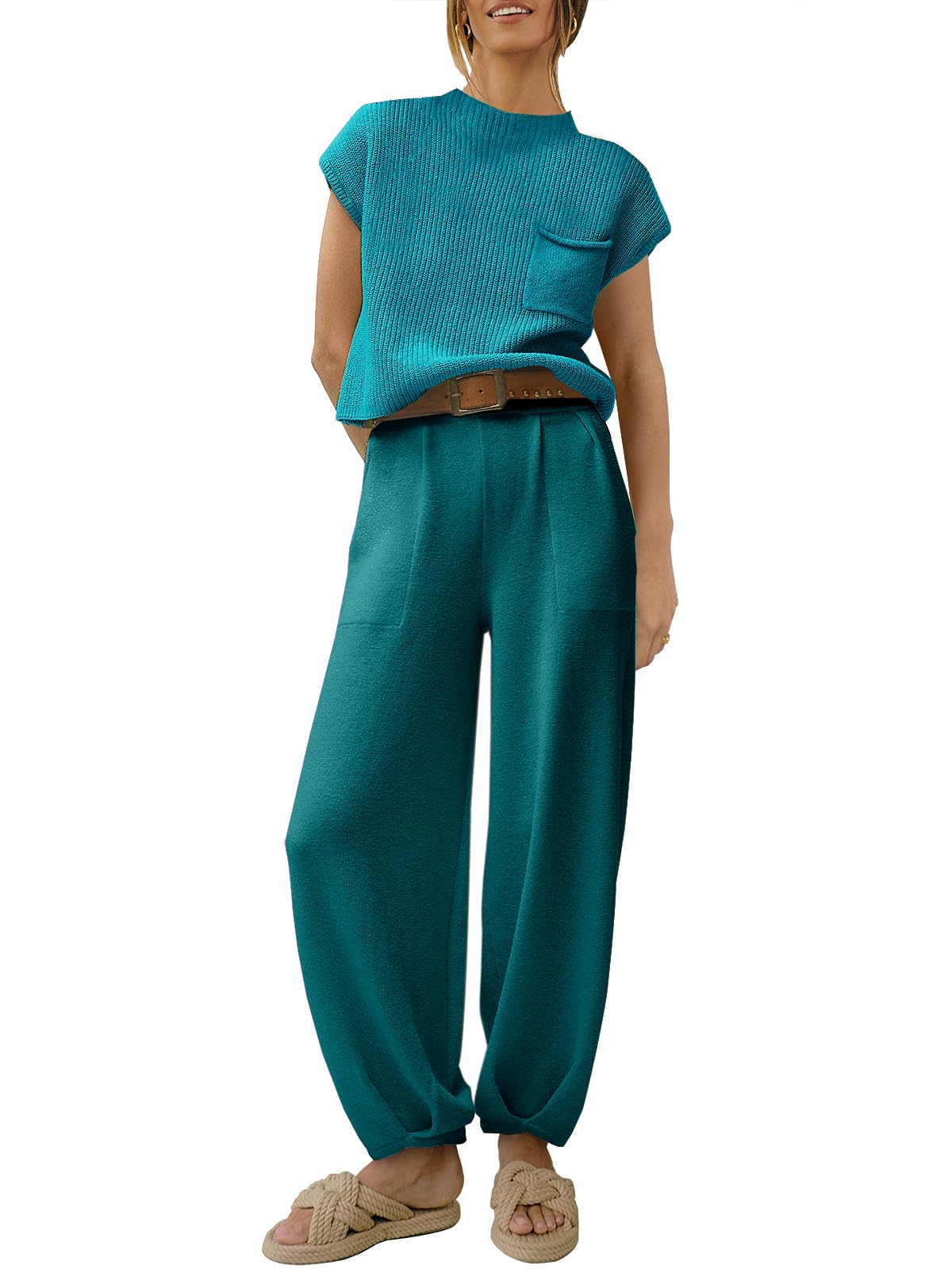 ANRABESSWomen's Two Piece Outfits Knit Sweater Pullover Crop Top & Pants Lounge Matching Tracksuit Sweatsuit Sets