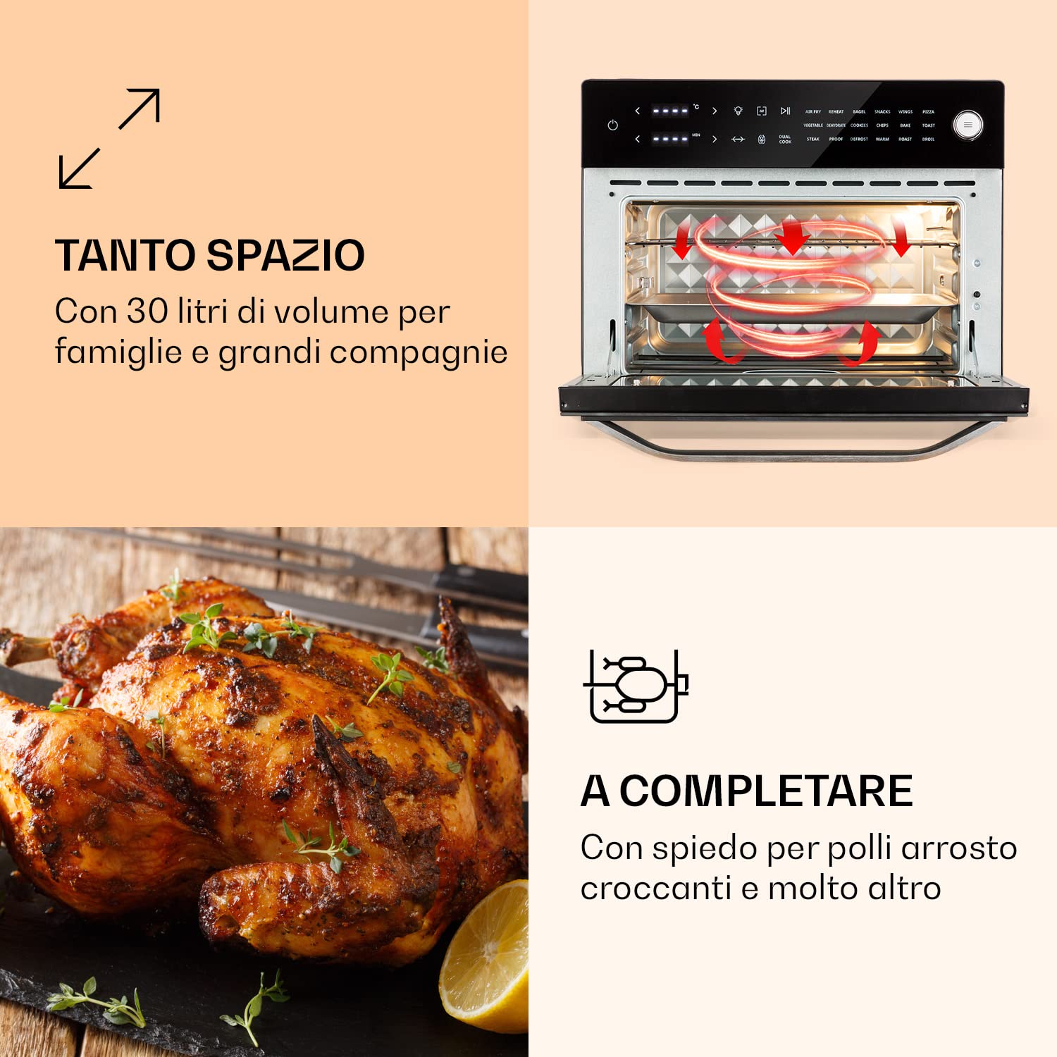 Klarstein Vigor Air - Friggitrice ad aria XXL con 1800 W, friggitrice ad aria calda da 30 litri, air fryer, 18 programmi, calore dall'alto e dal basso, nero