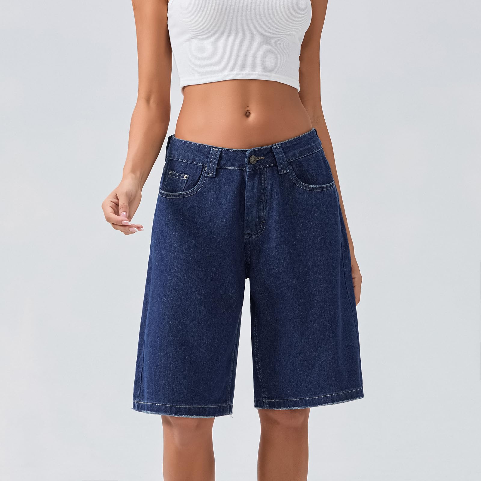 Bermuda ample en jean longueur genou pour femme - Taille basse - Jambe large - Avec poches - Jorts décontractés