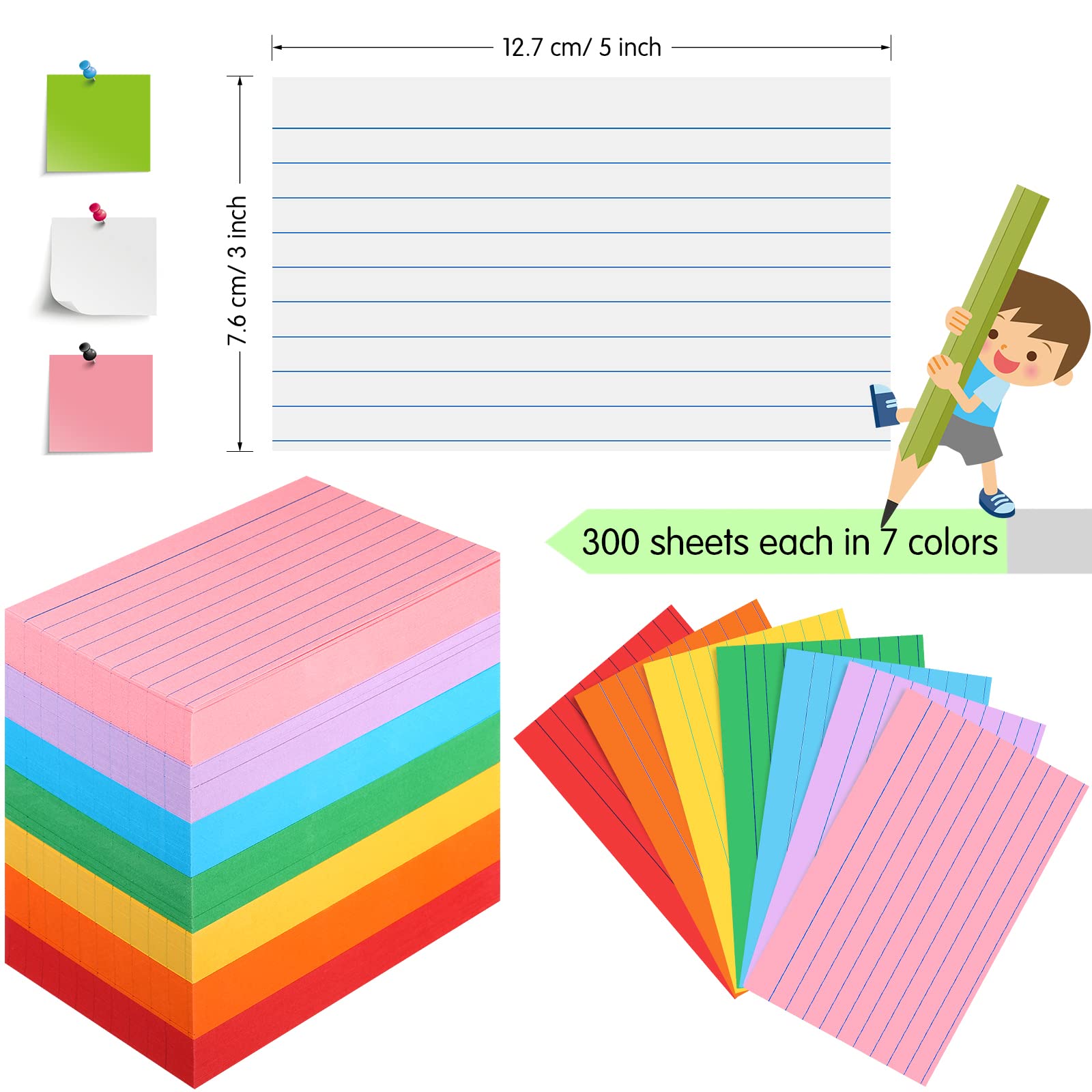 Fainne 2100 Stück linierte Karteikarten, sortierte Farben, farbige Karteikarten, Notizkarten, liniert, Lernkarten für Studium, Heimbürobedarf (7,6 x 12,7 cm, helle Farbe)