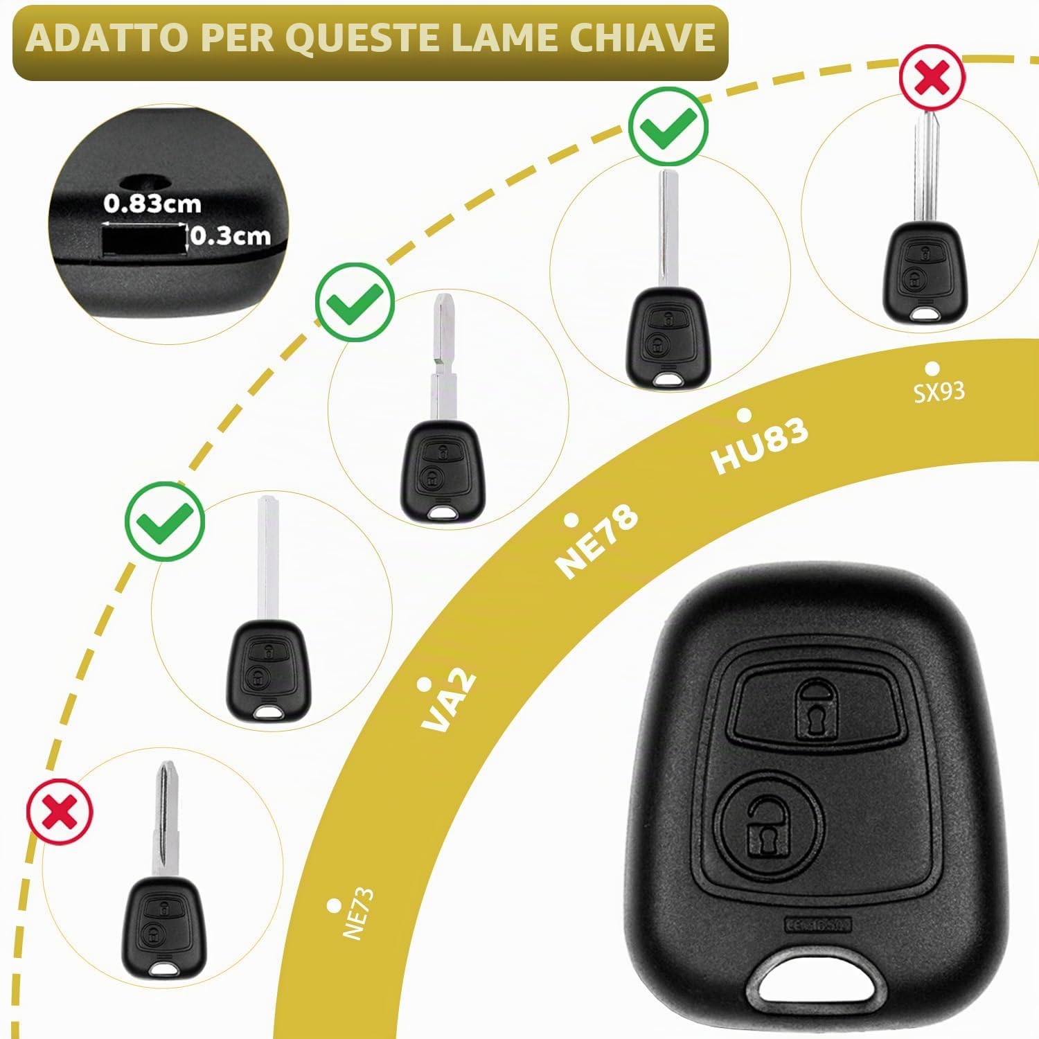 Custodia Chiave Auto Compatibile Peugeot 106 107 206 207 208 306 307 308 406 407 C1 C2 C3 C4 C5 Picasso Berlingo Saxo Xsara Toyota Aygo 2 Tasti Telecomando