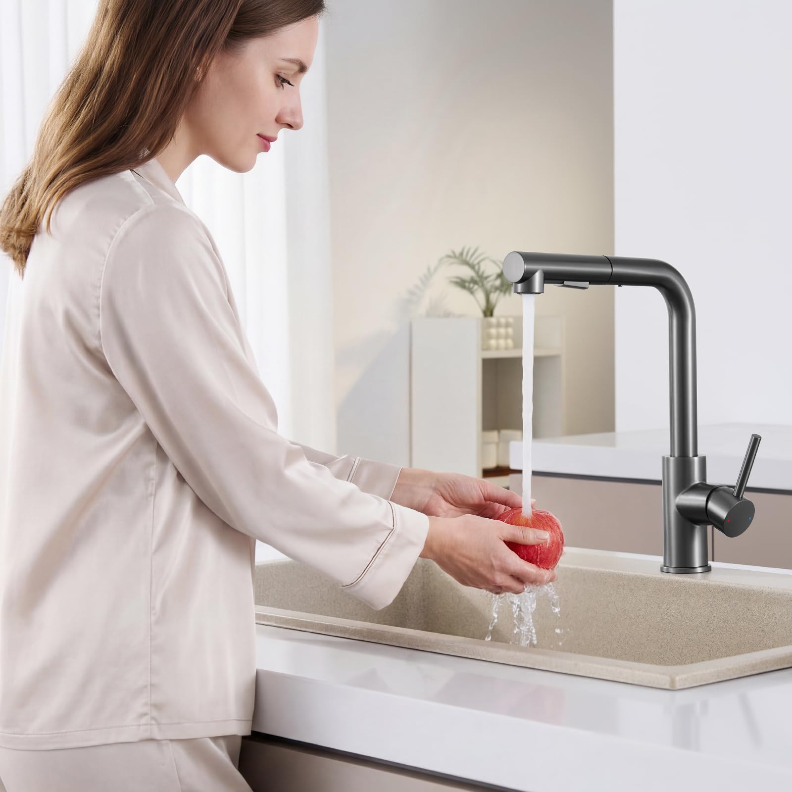 Robinet de cuisine noir anthracite - Robinet de cuisine extensible haute pression - Mitigeur de cuisine avec douchette - Deux types de jet d'eau - Robinet d'évier en acier inoxydable