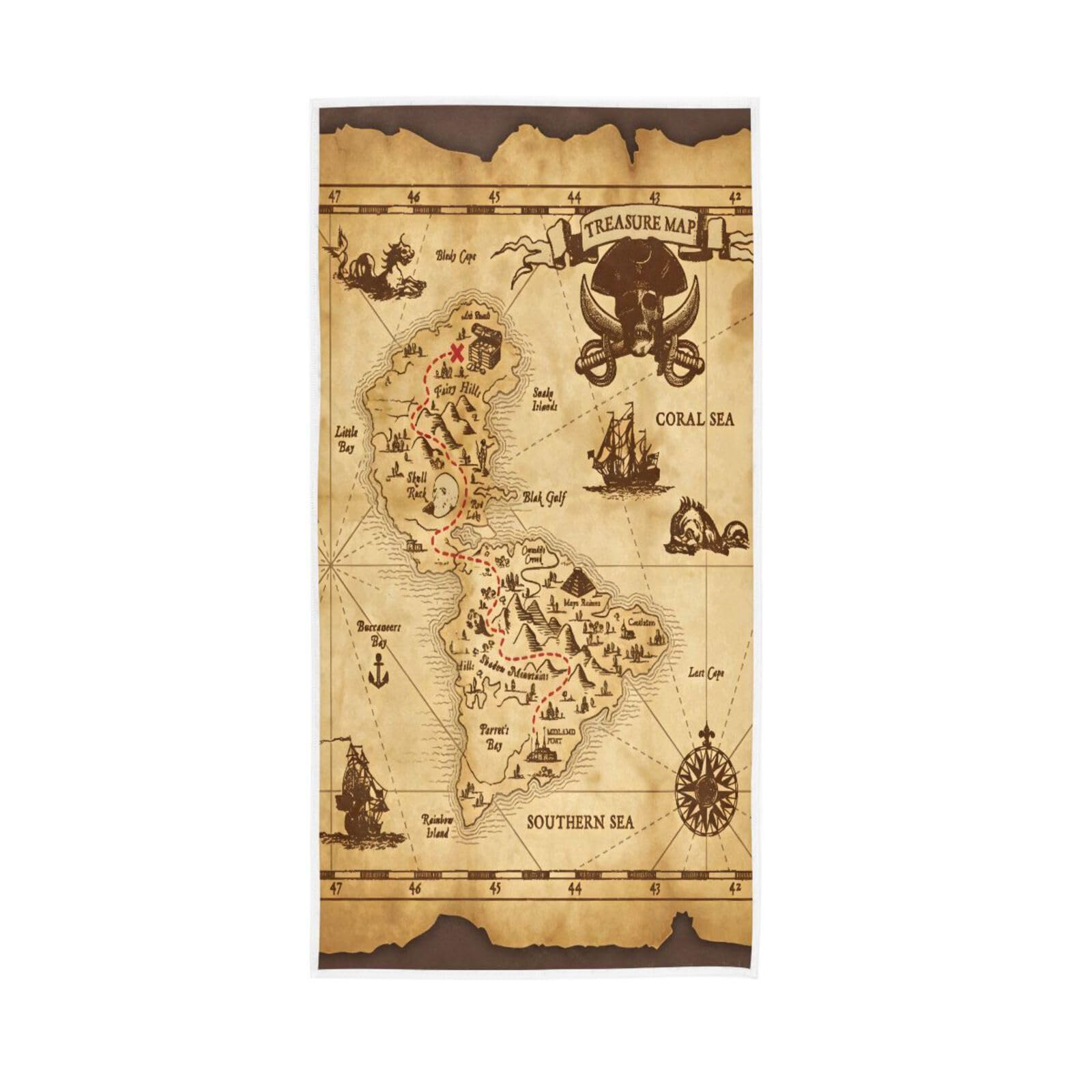 SUABO Toalla de mano con mapa pirata, toalla de algodón para la cara, 30 x 15 pulgadas, para gimnasio, yoga, decoración de baño