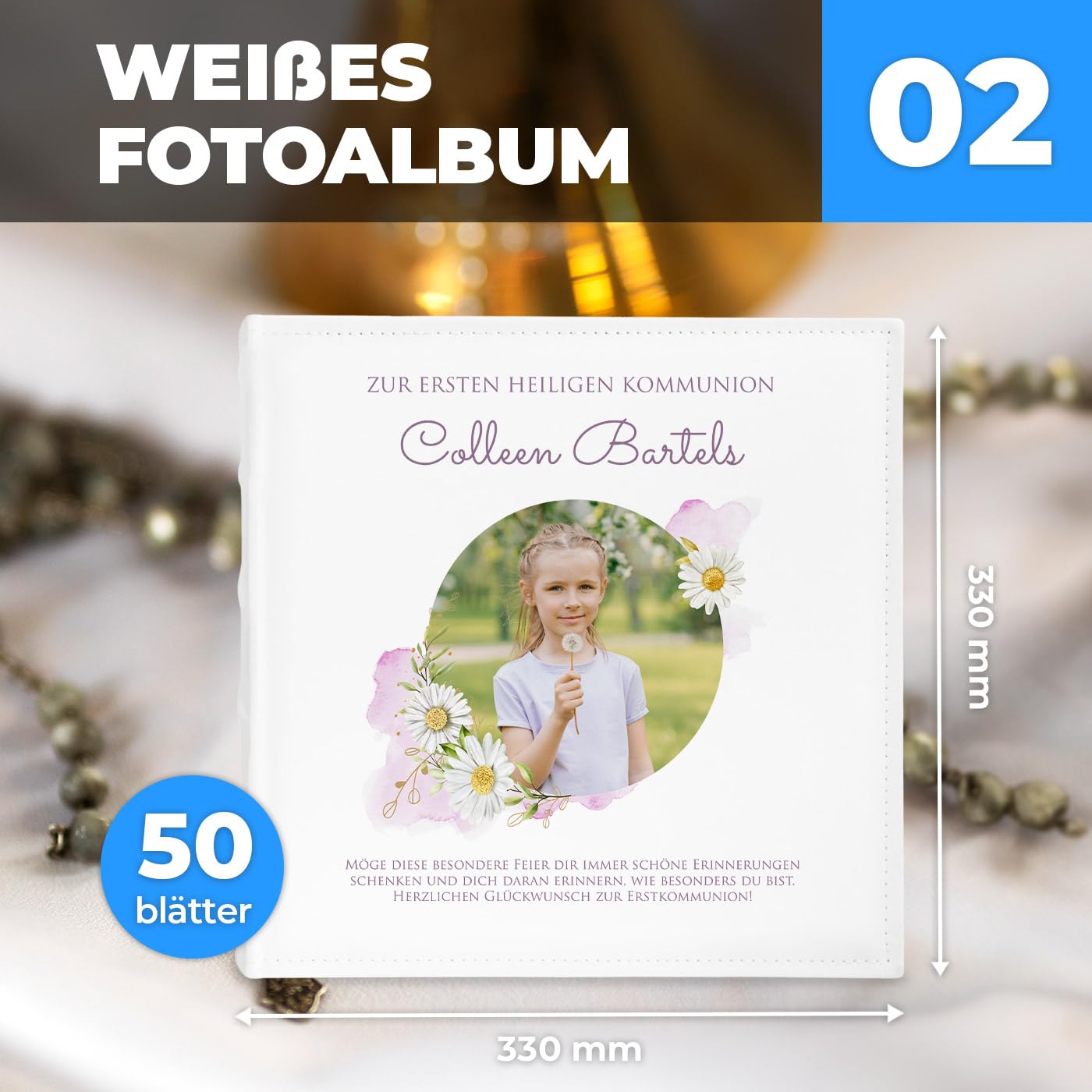 Maverton Einsteckalbum mit Aufdruck - Fotoalbum für 500 Fotos 10x15-100 Seiten - Größe: 33x33cm - Weiß - personalisierte Geschenke für Kinder zur Erstkommunion - Kommuniongeschenke