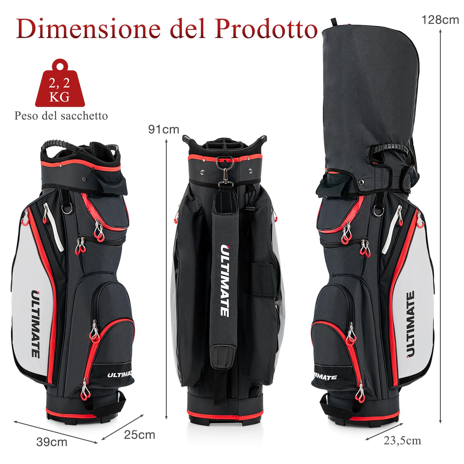 GYMAX Borsa da Golf 14 Divisori 8 Tasche con Cerniera Borsa Termica Copertura Antipioggia