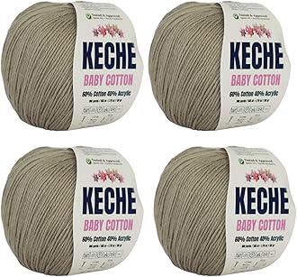 Keche Cotton Yarn, 60% Cotton 40% Acrylic Yarn, Soft Cotton Yarn for Crochet and Knitting, Amigurumi Yarn 4 Skeins/Balls [1.76 Oz (50g) / 180 Yrds (165m)] x 4 - Dark Beige