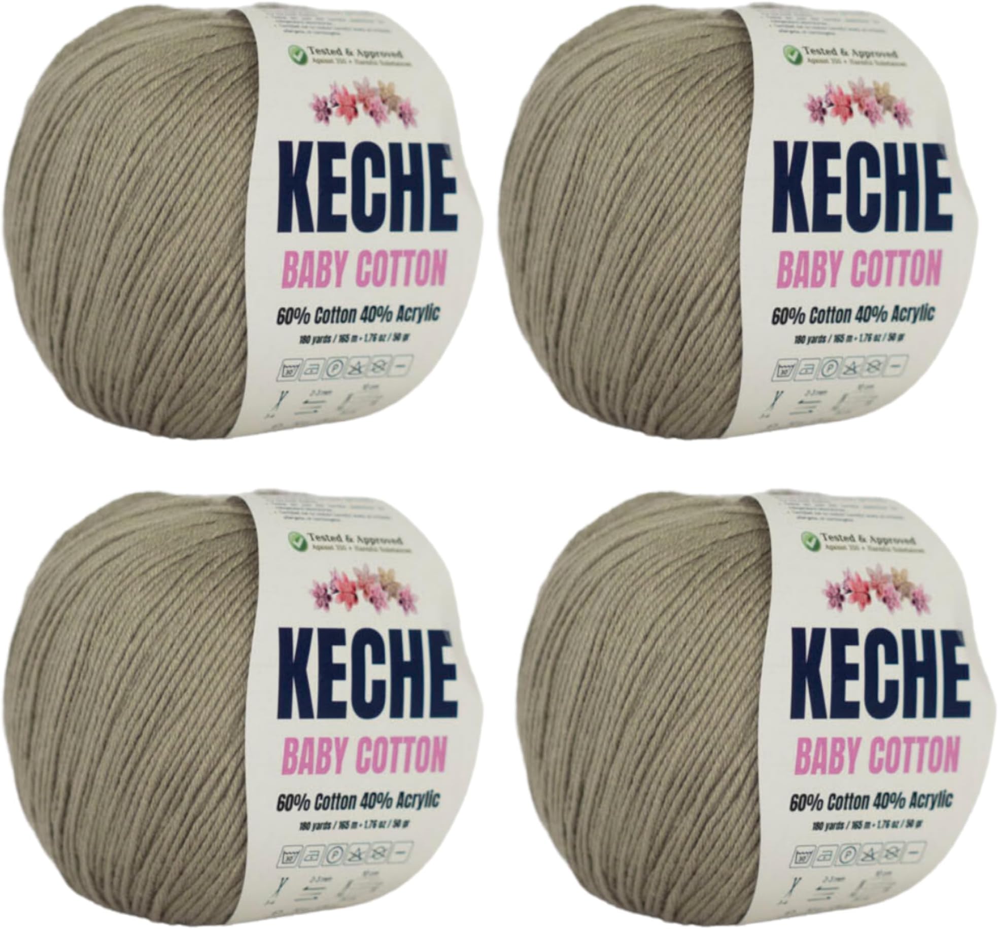 Keche Cotton Yarn, 60% Cotton 40% Acrylic Yarn, Soft Cotton Yarn for Crochet and Knitting, Amigurumi Yarn 4 Skeins/Balls [1.76 Oz (50g) / 180 Yrds (165m)] x 4 - Dark Beige