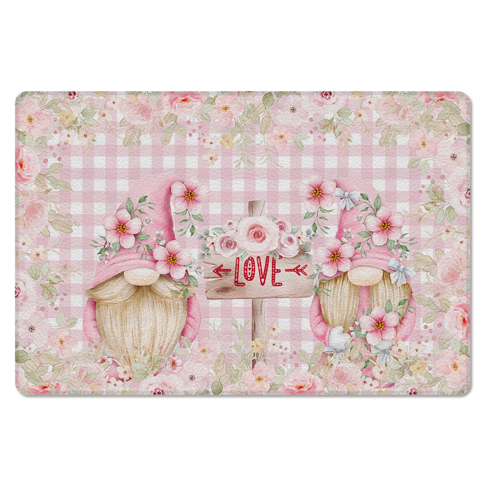 Valentine Gnomes Kitchen Bath Door Mat Cushioned Runner Rug,Washable Welcome Floor Sink Antifatigue Mat,Waterproof & Non-Slip Comfort Standing Doormat,Romantic Rose Flower Watercolor Plaid 18