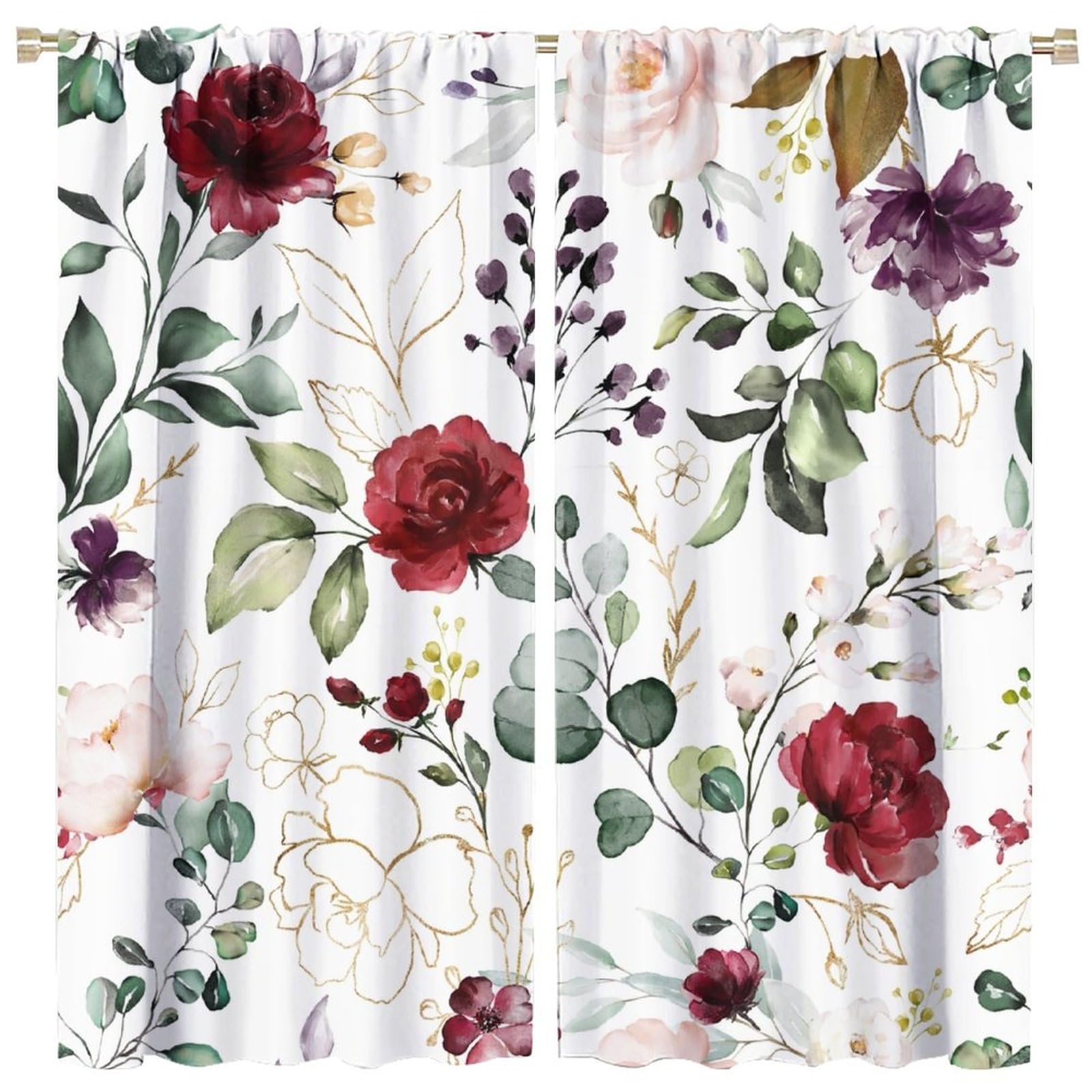 Floral Blackout Window Curtain Burgundy Flowers Plant Leaves Curtain Botanical Wildflower Green Gold for Bedroom Living Room Thermal Insulated Window Curtain Drapes 2 Panels 52x96in