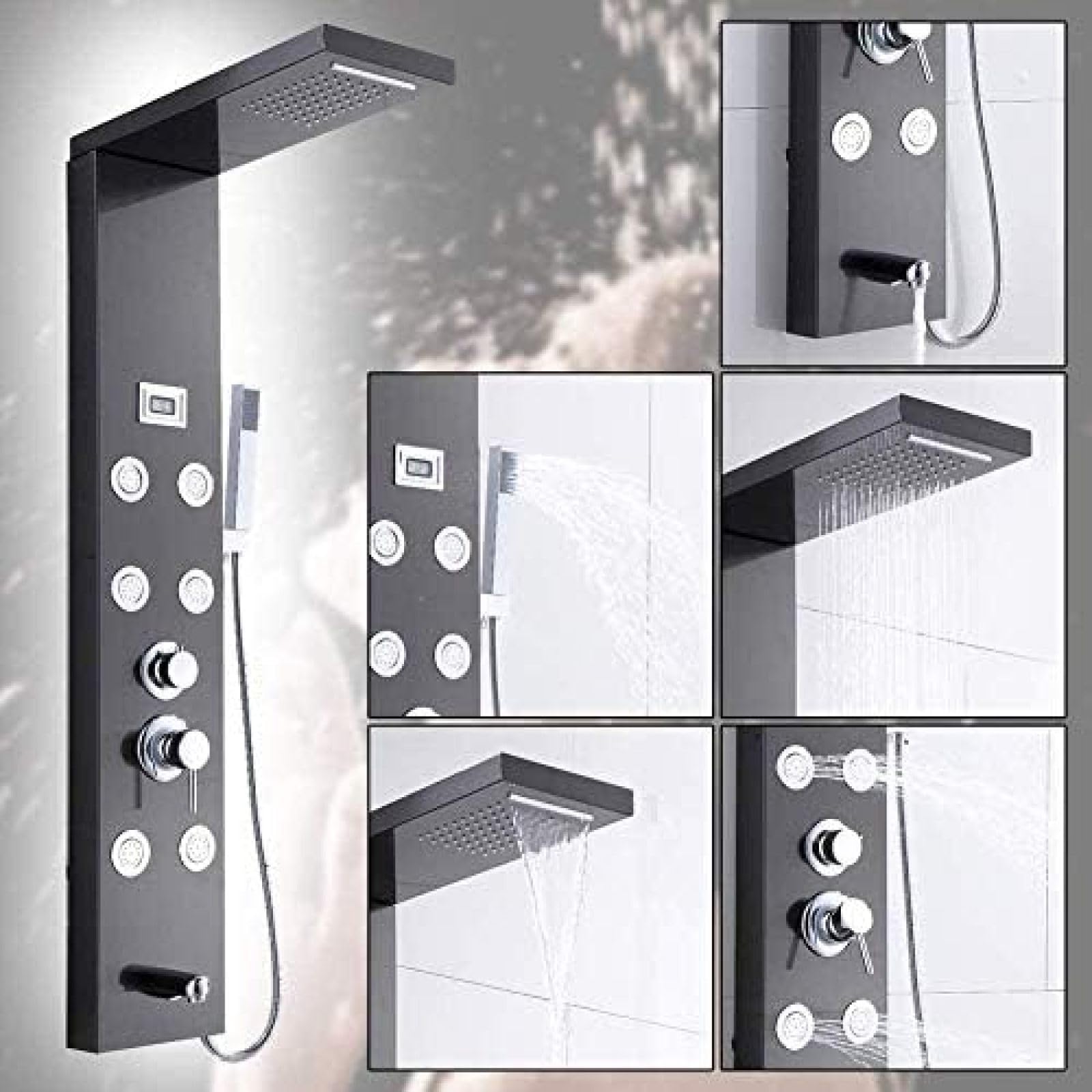 Pannello Doccia Sistemi Doccia in Acciaio Inossidabile con Display LCD Pannello Doccia Nero con termostato e 6 modalità dell'Acqua