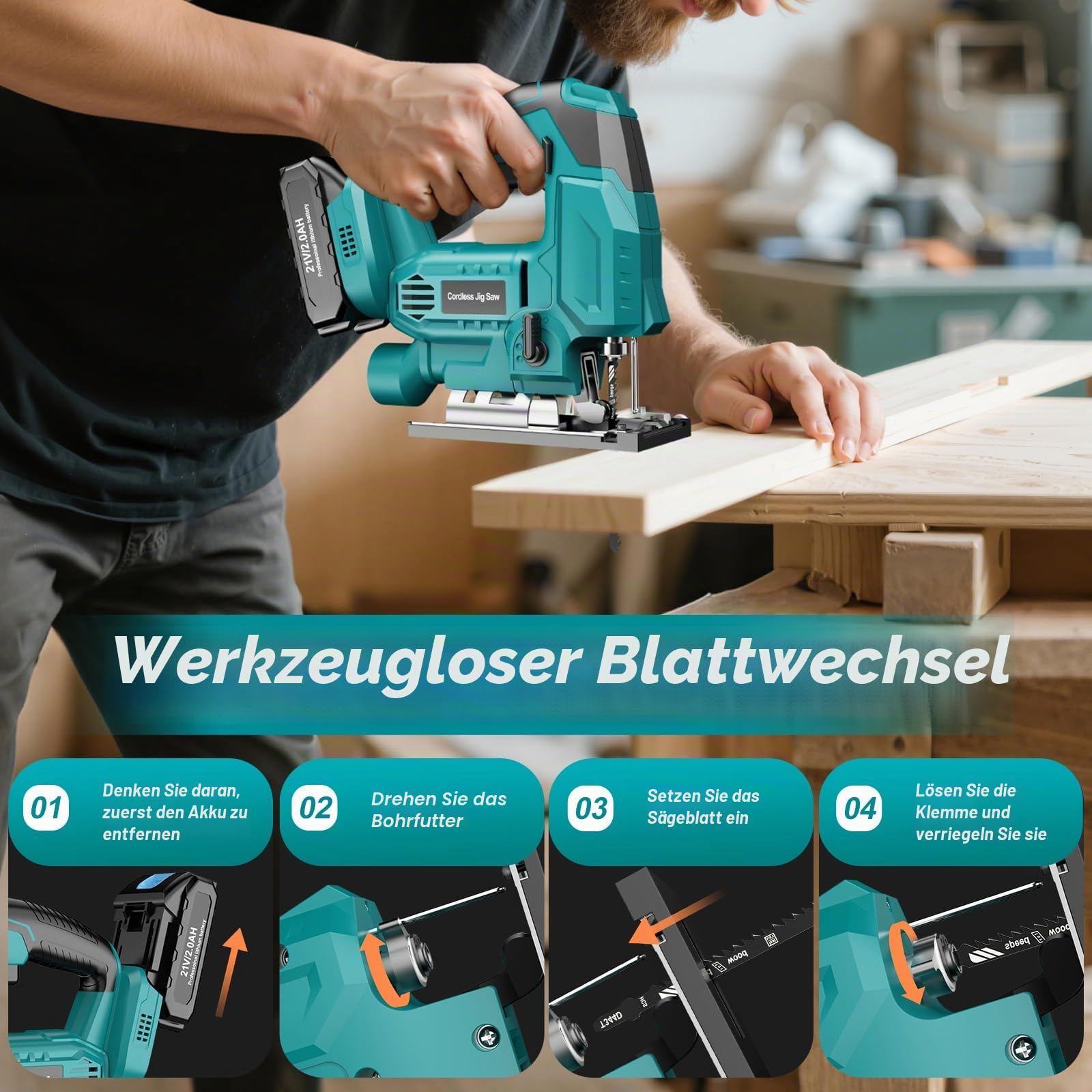 Akku Stichsäge Kompatibel mit Makita 18V Batterie, Elektro Stichsägen für ±45°Gehrungsschnitt 2900RPM mit 3 Pendelhub Einstellungen, 6 Sägeblätter für Holz/Metall/PVC, 2×2.0Ah Akkus