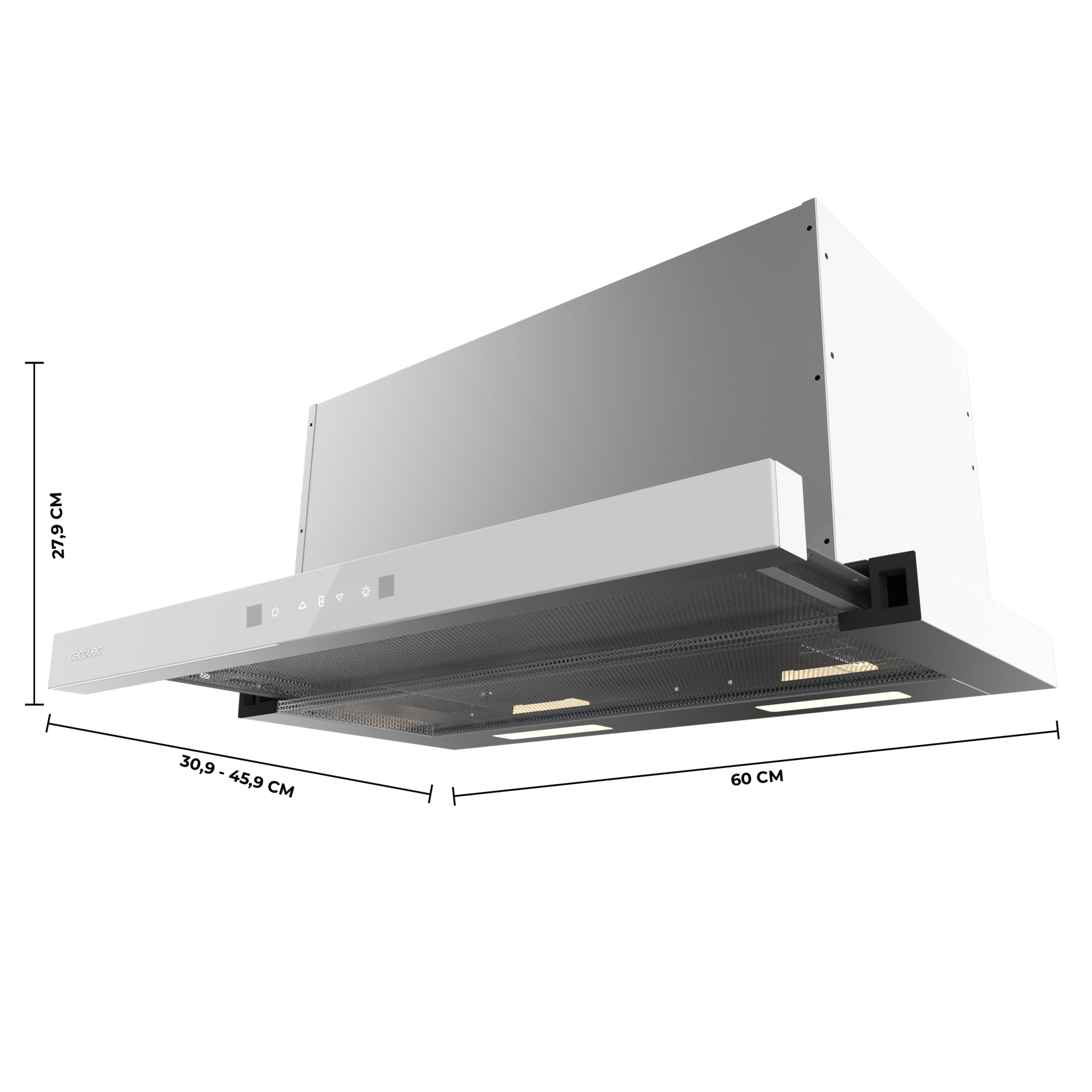 Cecotec Cappa Aspirante Telescopica Bolero Flux TLT 605501 Glass White A++, 60cm, 606,4m³/h Aspirazione, Classe A++, Controllo Touch Invisibile, Hand Movement Control, Booster, Filtri Lavabili