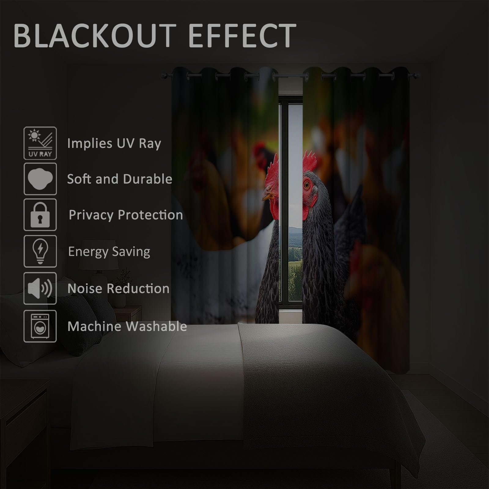 Generisch Nutztiere Hühner 2er Set Verdunkelungsvorhänge mit Ösen, Landhausstil Blickdicht Thermo Isoliert Vorhänge für Wohnzimmer & Schlafzimmer, HxB 166 x 75 cm