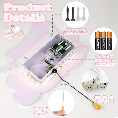 Miniatura 4 de Aurelema Lámpara de pared de elefante, linda iluminación de elefante durmiente, iluminación de elefante flotante, funciona con pilas, lámpara