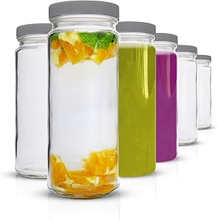 Glass Water Bottles Set - 6 Pack Wide Mouth with Lids for Juice, Smoothies, Beverage Storage - 16 oz, Durable, Eco Friendly & BPA Free - Reusable, Dishwasher Safe, Leak Proof, Grey Caps