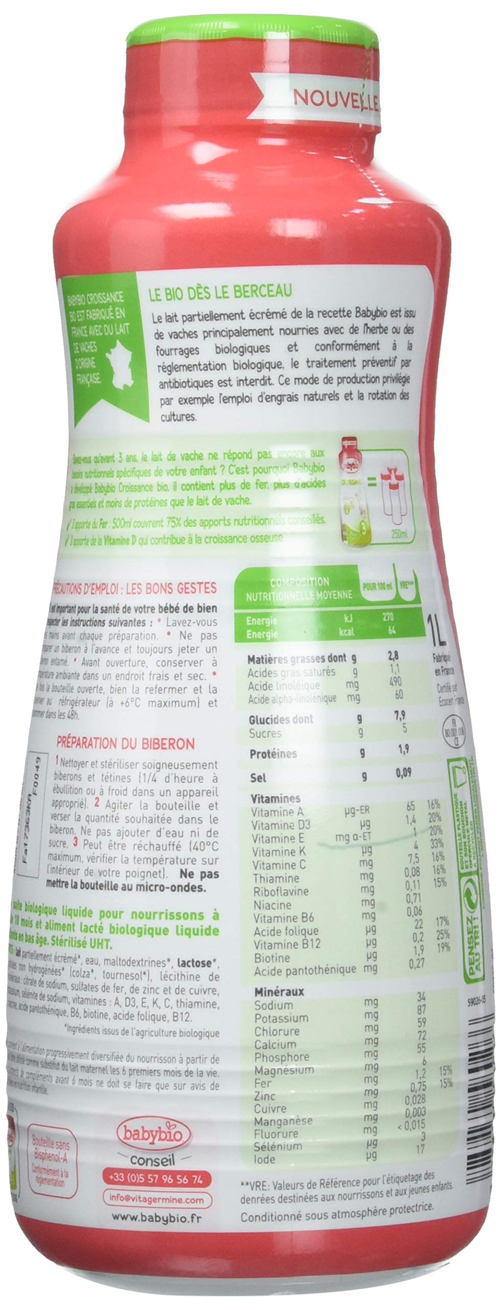 Babybio Bio Lait 3 Croissance Liquide, 1L