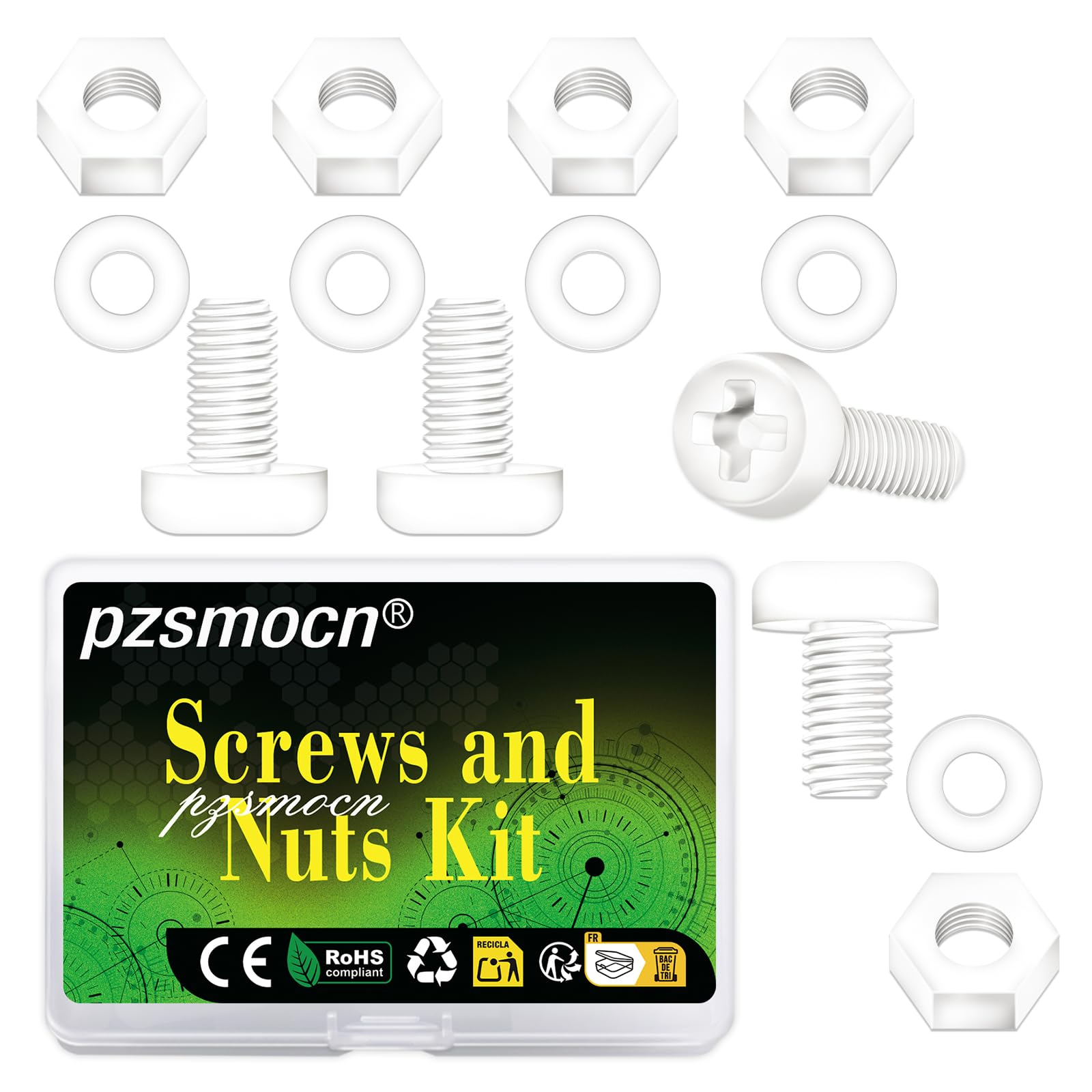 pzsmocn 150 Pieces/50 Sets 15mm M5x15 mm Nylon White Screw Nut Washer Kit โ image 1