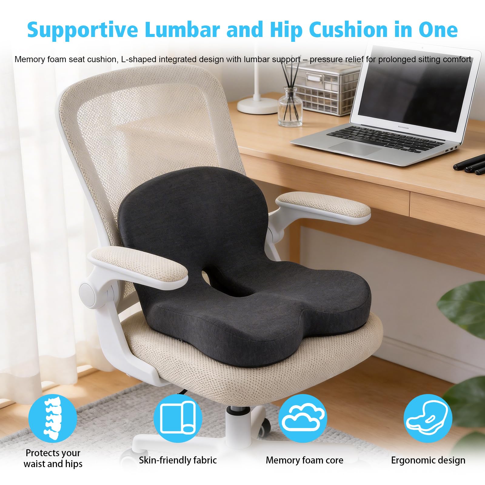 Cuscino Ortopedico con Schienale, Cuscino Integrato a Forma di L | Memory Foam e Poliestere, Per Sedia Ufficio e Auto, Fodera Lavabile, Supporto Lombare, Grigio