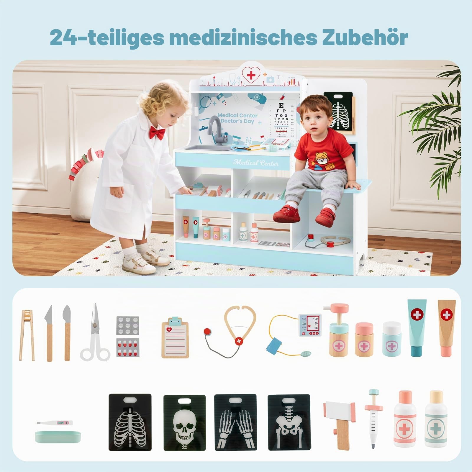 HOMASIS Arzt-Set aus Holz, Arzt-Set für Kinder mit Waschbecken, Sichtprüfung, Elektrokardiogramm, Uhr und Röntgenaufnahme, Krankenschwester-Spiel für Kinder ab 3 Jahren (Blau)