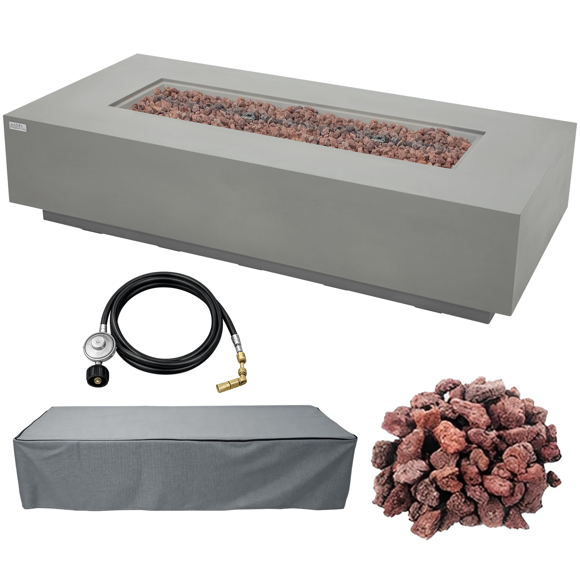 AMS 72" Rectangular Cast Concrete Propane Gas Fire Pit Table (Light Gray)