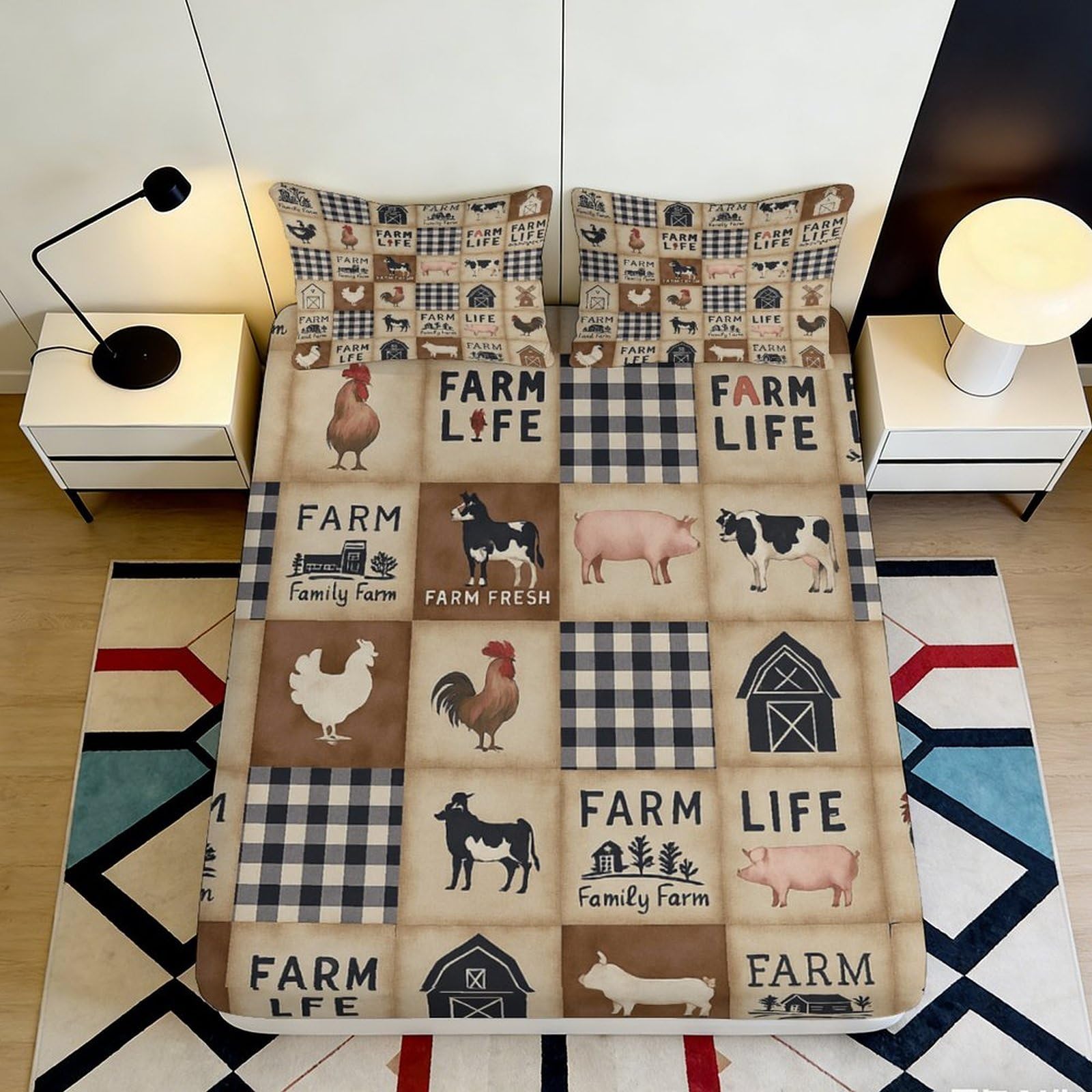 Pnayamiorkfel Style-6 3D Printed Farm Animal Fitted Sheet Microfiber Soft Beige Plaid Barn Bed Cover For Bedroom Guest Room Decor 90X200x25cm