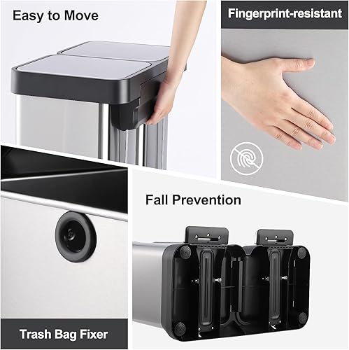 Miniatura 5 de WELYFE Cubo de basura y reciclaje doble de 16 galones, de acero inoxidable a prueba de huellas dactilares con doble tapa, cubo de basura con pedal
