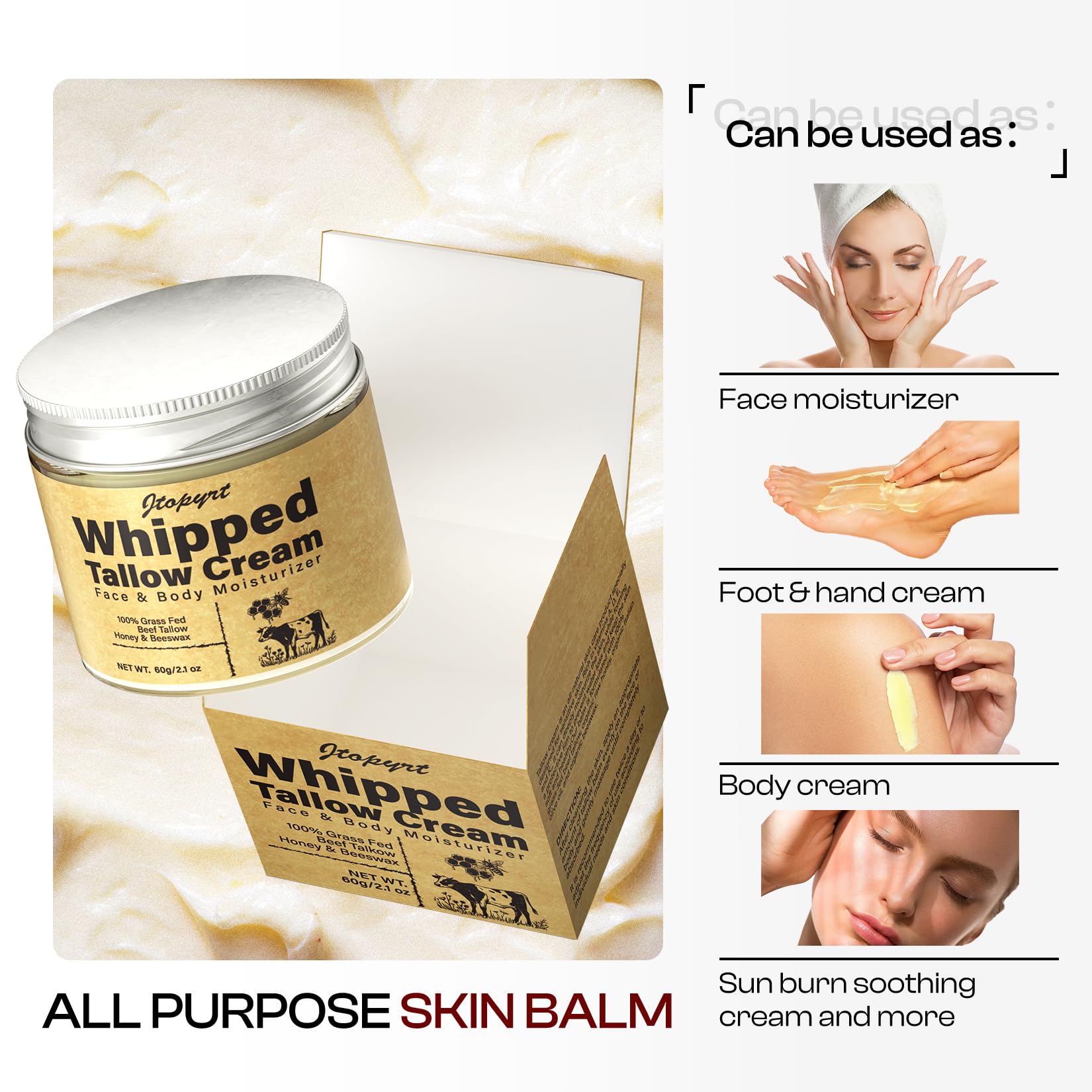 Beef Tallow for Skin: Organic Grass-Fed Tallow and Honey Balm Whipped Beef Tallow Skin Balm - Deep Nourishing Tallow Face Moisturizer for All Skin Types