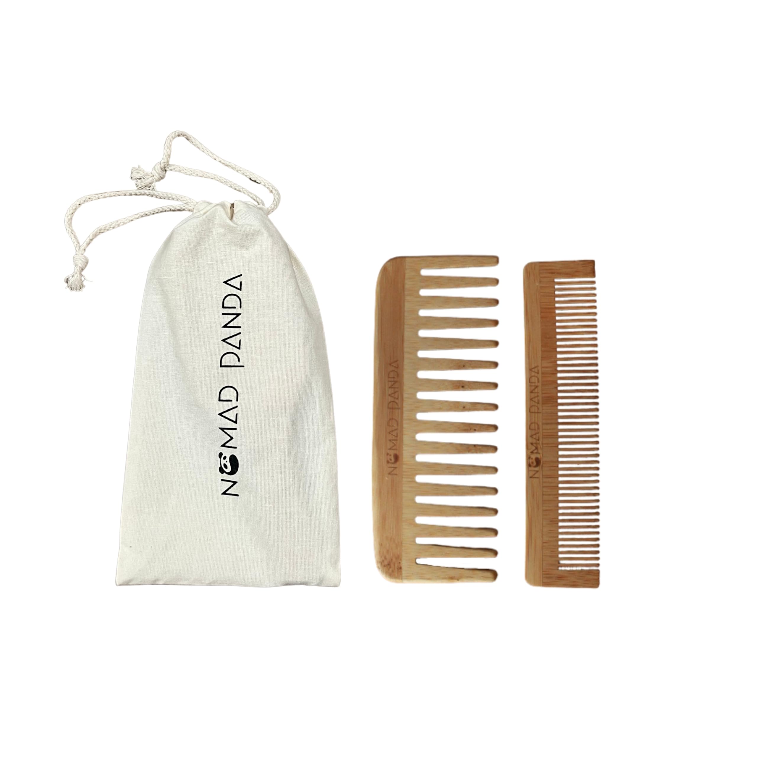 Bamboo Comb Set - 2 Combs, Wide & Fine Teeth, Curly Hair, Woman & Man, Travel Size