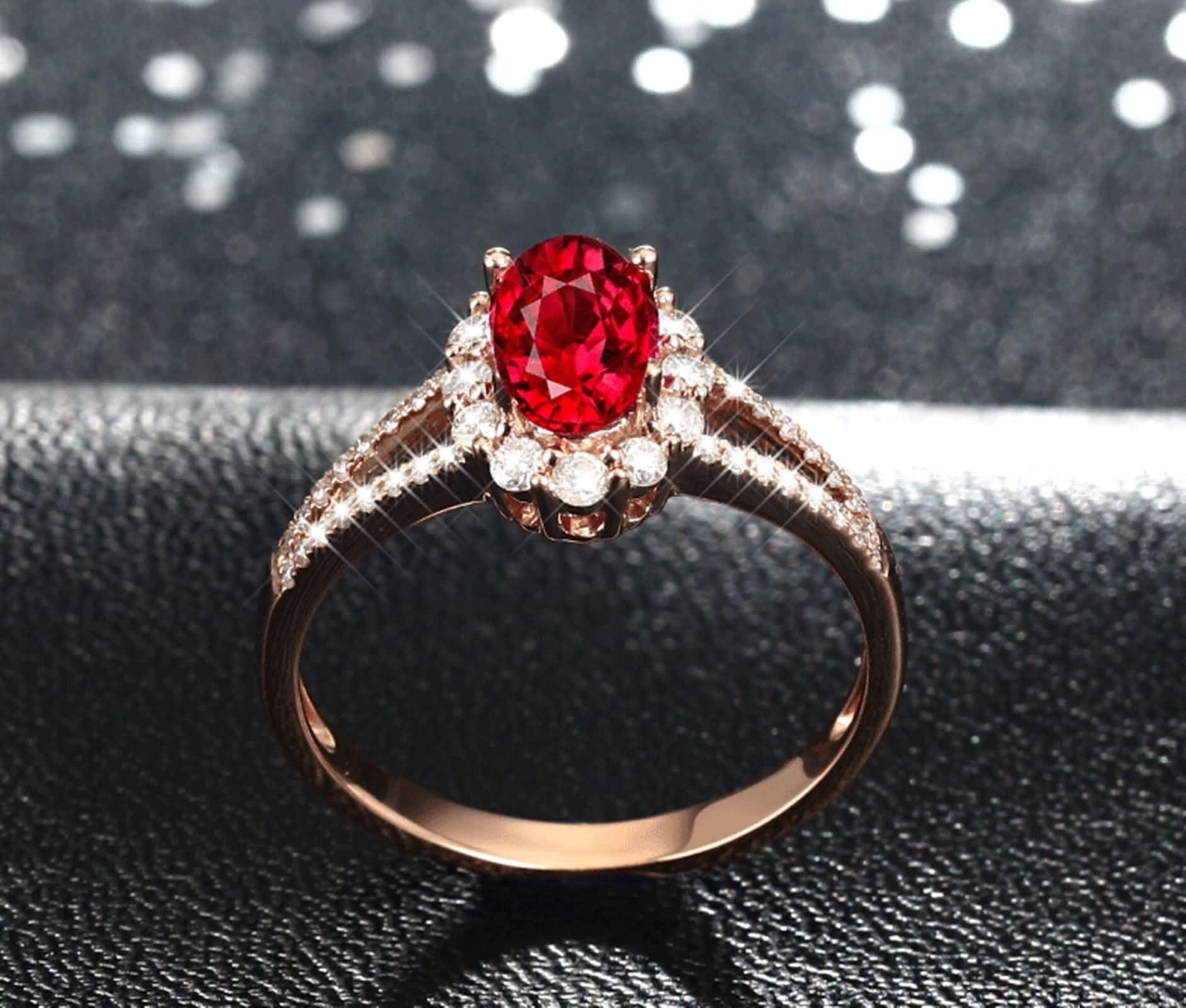 Beydodo Anillos de Matrimonio Oro Rosa de 9 14 18 K para Mujer con Flor y Oval con Rubí Creado y Moissanita, Anillo de Matrimonio Oro Rosa para Mujer