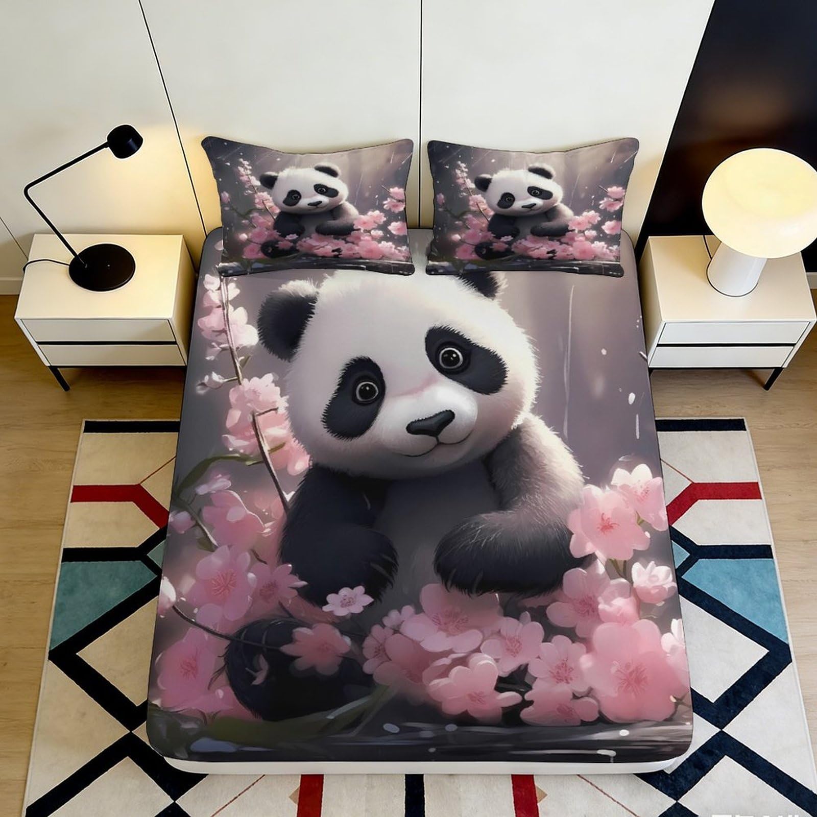 3D Printed Panda Blossom Fitted Sheet Microfiber Soft Anti-Slip Mattress Cover for Bedroom Dorm Decoration 90x200x25cm