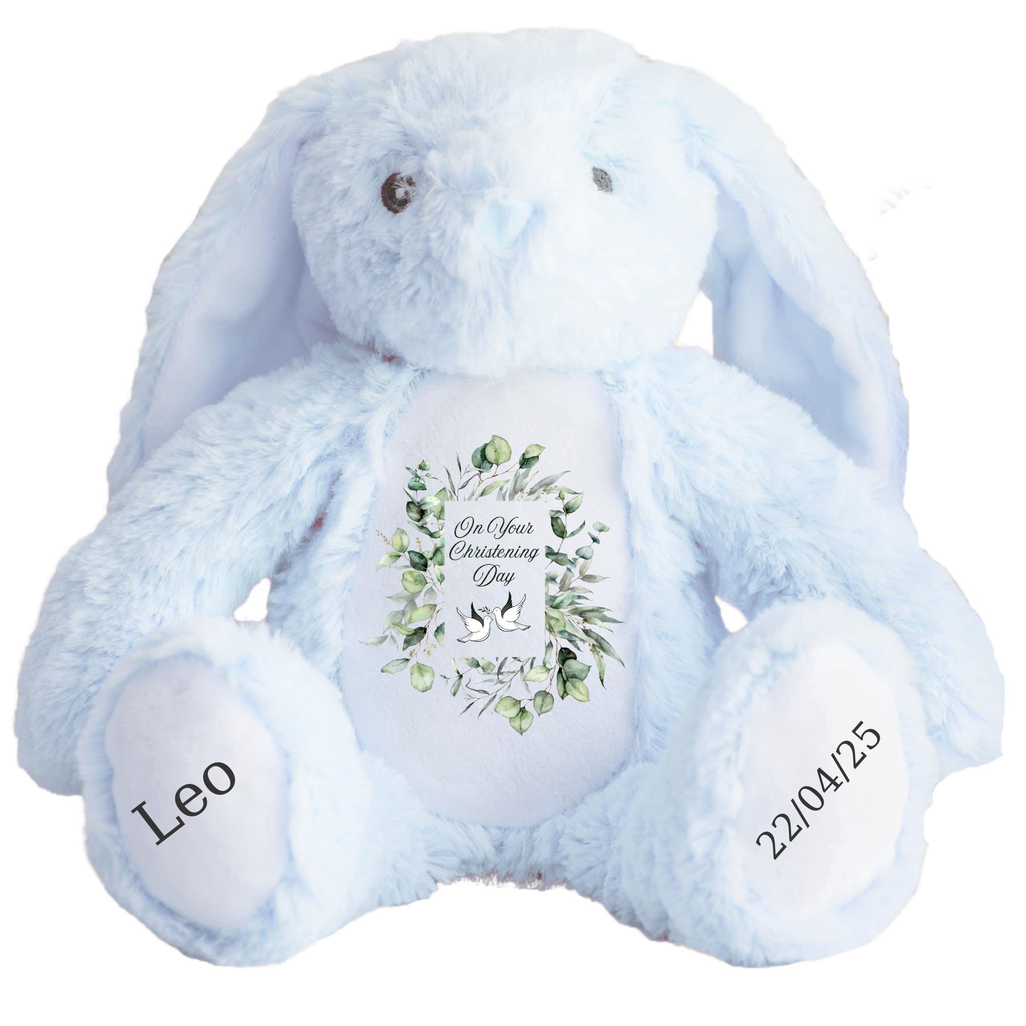 HotScamp Personalised Christening Bunny with Name - Eucalyptus Leaves Doves On your Christening Day Soft Toy for Baby, Toddler, Kids, Child, Babies Baptism Church Spring Time - Blue Letter Blu Bunny โ image 1